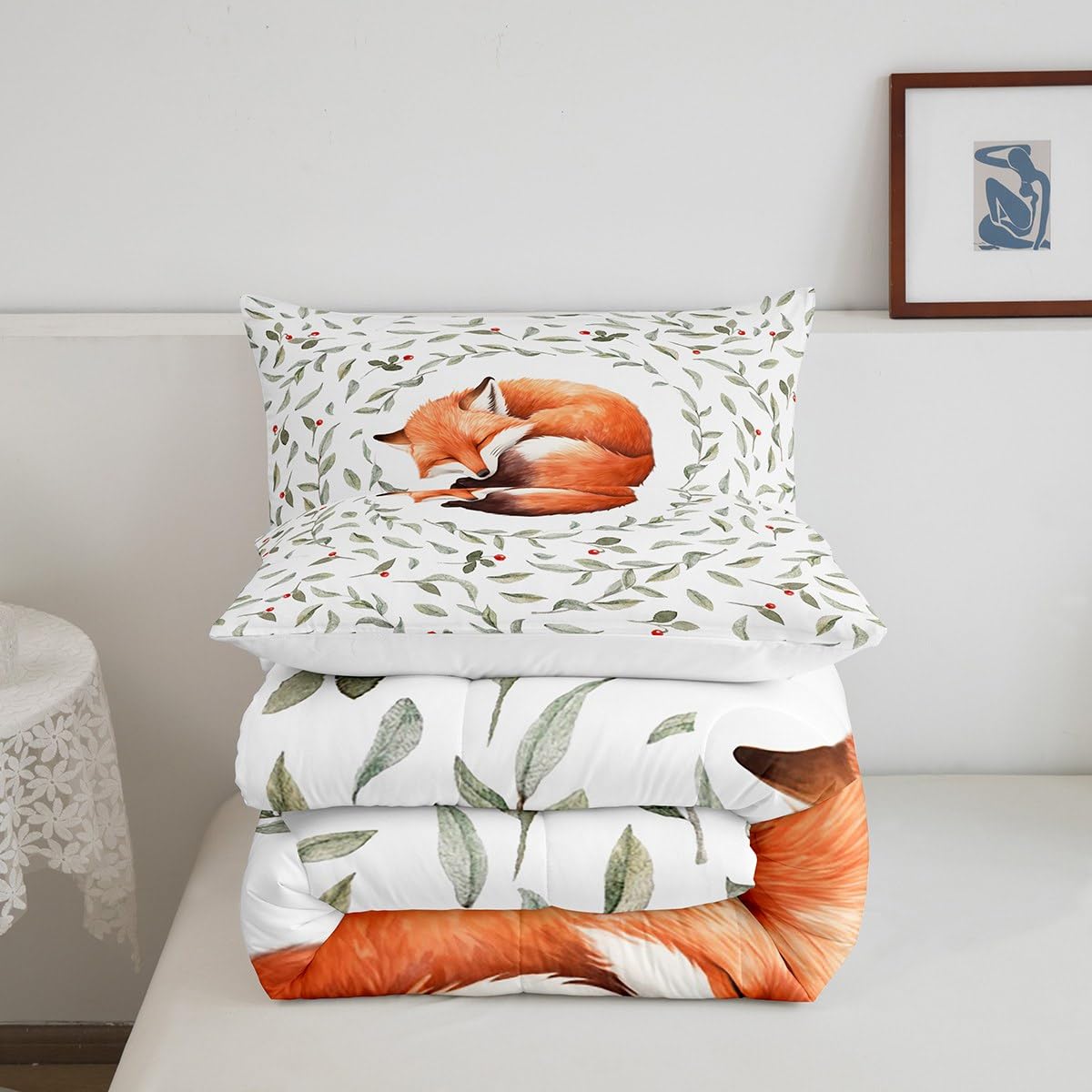 Manfei Lovely Fox Comforter Set Queen Size, Cartoon Animal Theme Quilt Set with 2 Pillowcases, Botanical Floral Leaves Print Bedding Set 3pcs for Kids Boys Girls Bedroom Decor