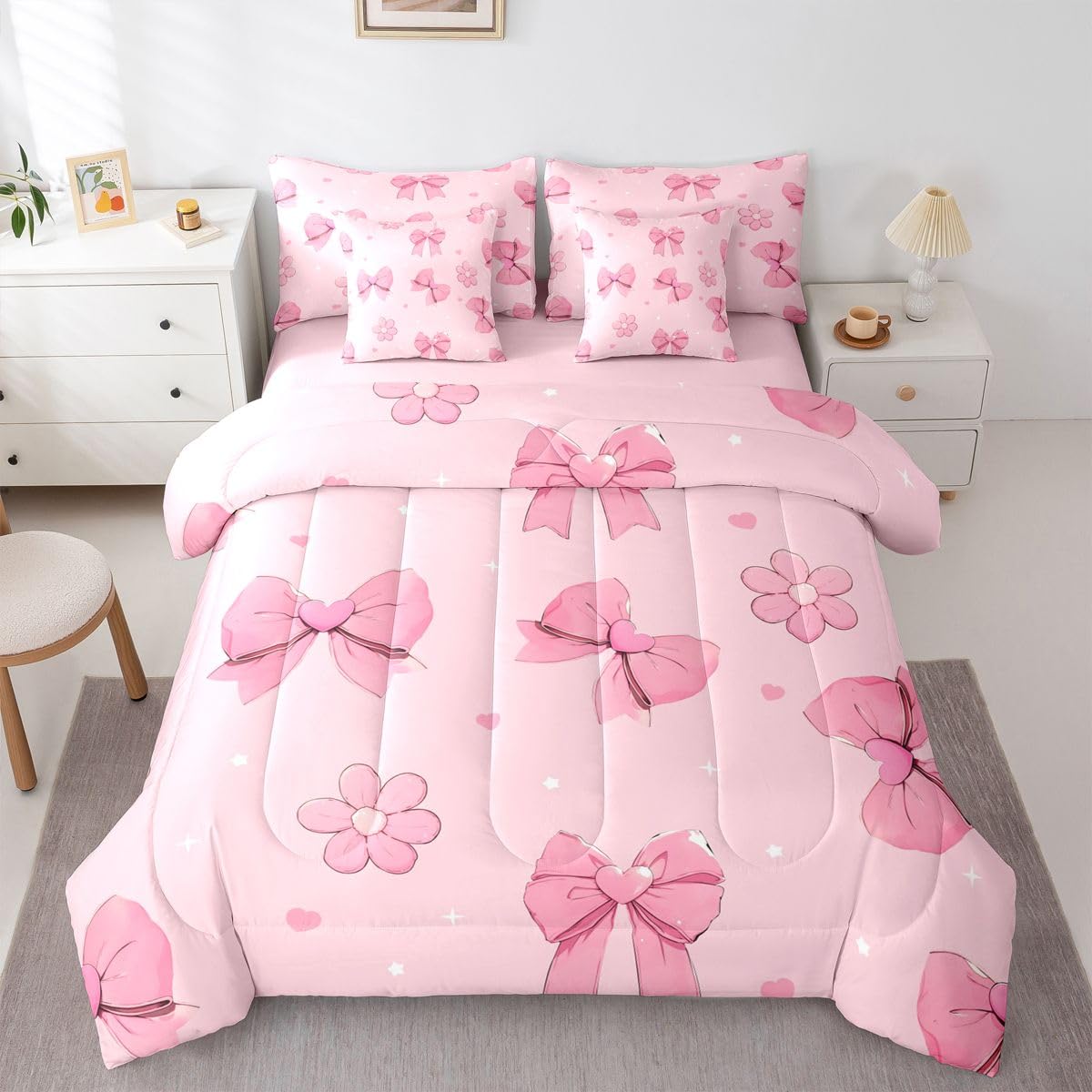 Erosebridal Pink Bows 7 Piece Comforter Set King Size Girly Bowknot Bedding Set for Kids Girls Bedroom Pink Bows Comforter with Sheets Microfiber Bow Ribbon Heart Pattern Quilt Set Flower Bed Set