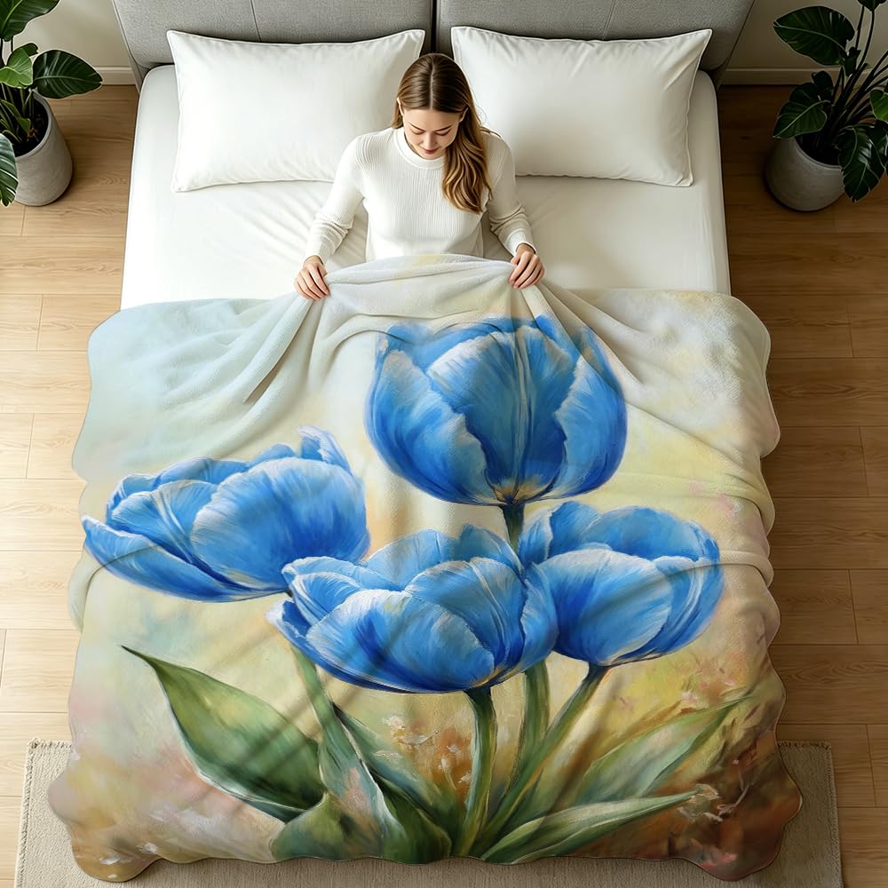HUNXIAOJ Tulip Blanket Floral Throw Blanket Tulip Gifts for Women Rustic Flower Decor Floral Bedding Warm Soft Flannel for Girl Sofa Couch (49in x 59in)