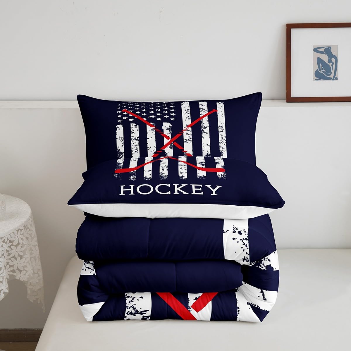 Homewish Hockey Comforter Set,American Flag Bedding Set for Kids Girls Women,Adults Ice Hockey Comforter,Red Blue White Quilted Duvet Set Bedroom Collection Twin Size 2Pcs