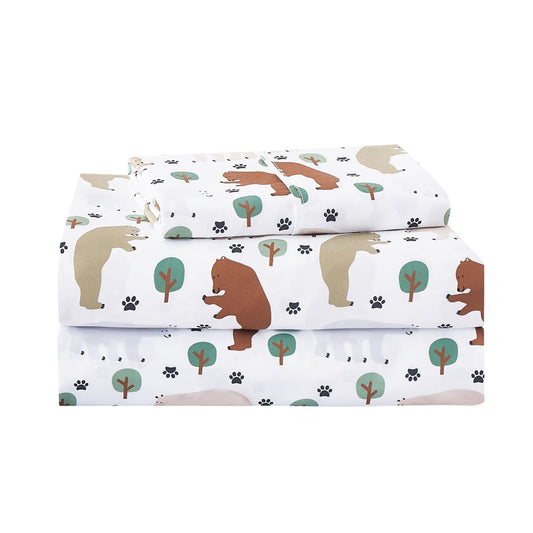 lasoftan Kids Sheet Set Twin Size, Twin Sheet Set with Forest Bear Pattern，Breathable Silky Soft Microfiber Kids Fitted Sheet