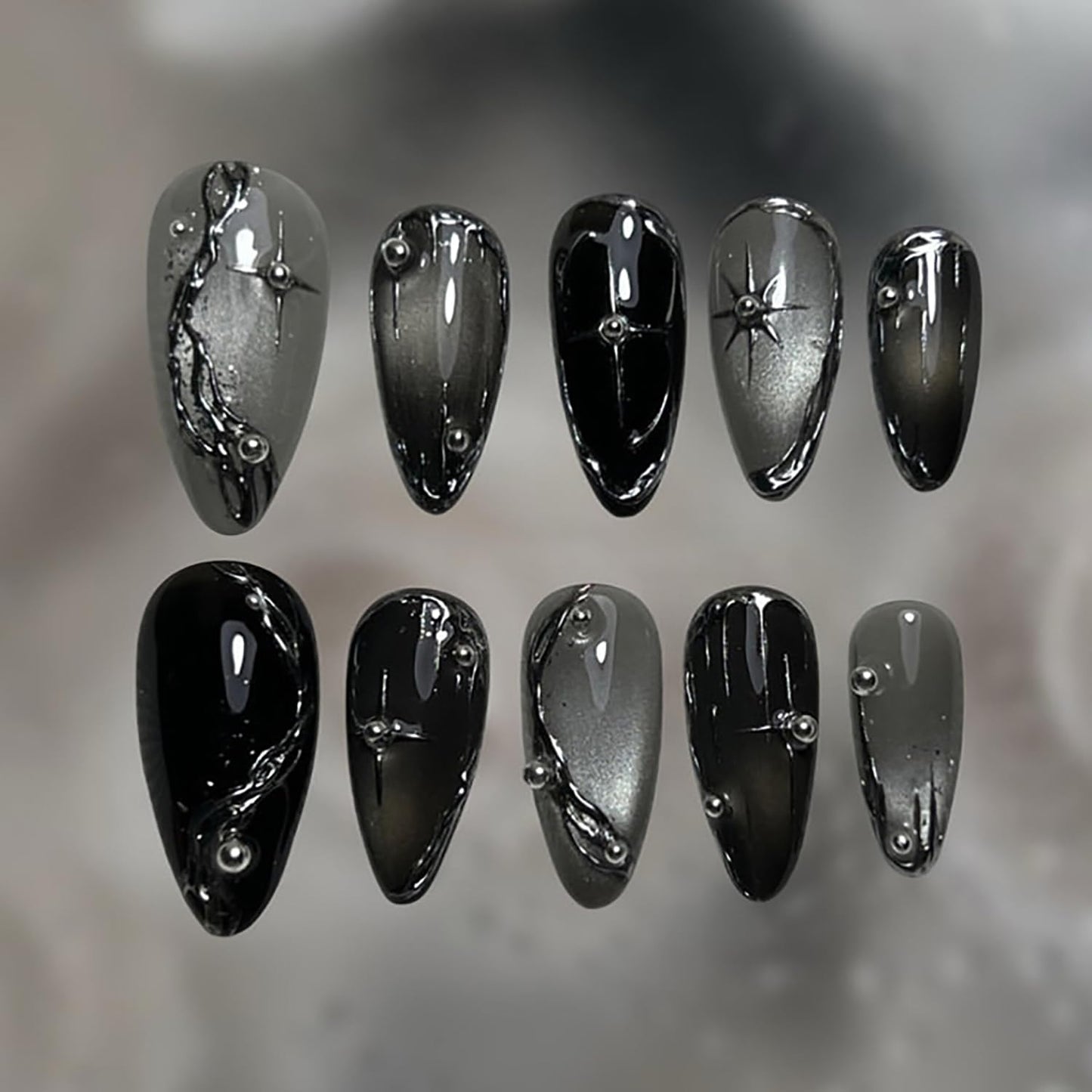 24Pcs Gothic Press on Nails Medium Almond Dark Black Fake Nails Silver Line Chrome with Rhinestones Designs Full Cover Y2k Stick on Nails Goth False Nails for Women Acrylic Nail Accessories DIY