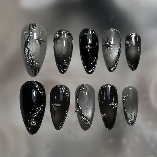 24Pcs Gothic Press on Nails Medium Almond Dark Black Fake Nails Silver Line Chrome with Rhinestones Designs Full Cover Y2k Stick on Nails Goth False Nails for Women Acrylic Nail Accessories DIY
