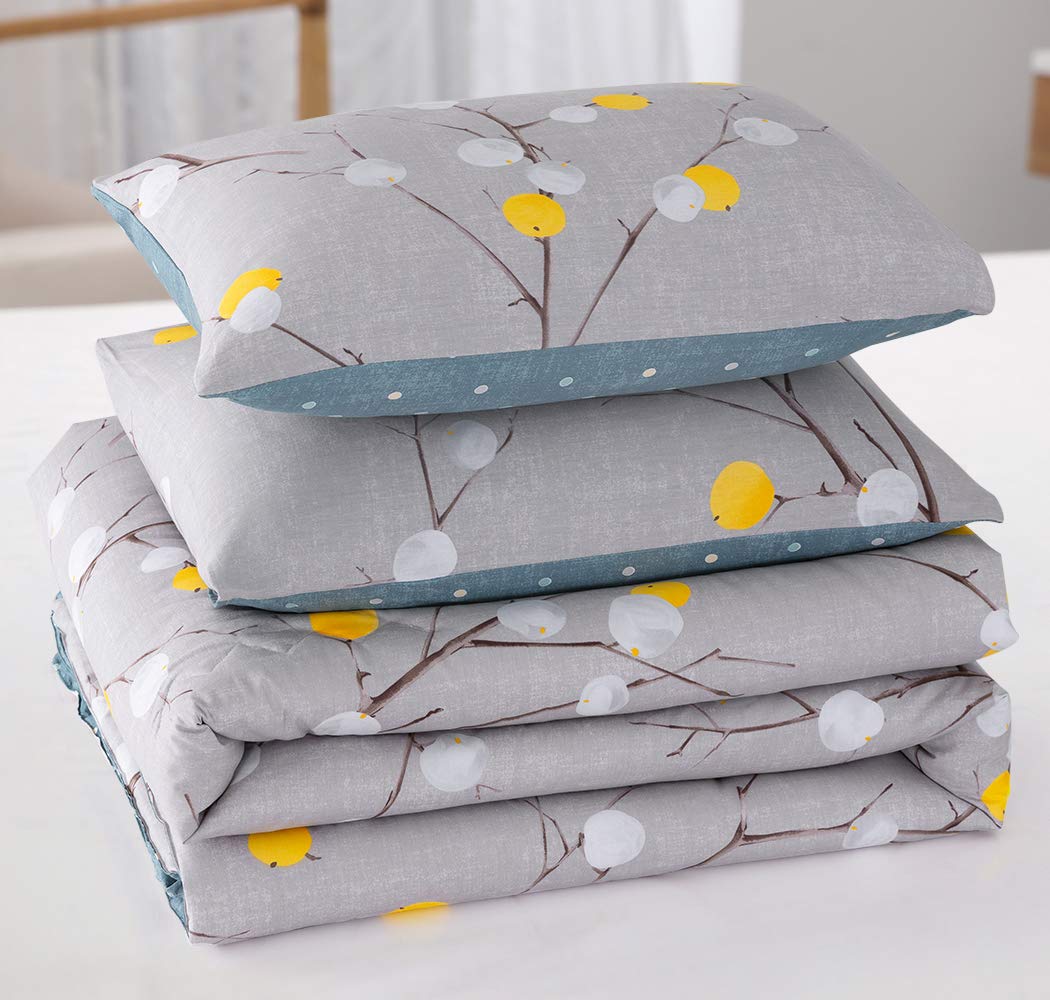 SLEEPBELLA Comforter King Size, 600 Thread Count Cotton Grey Branch with Yellow Turquoise Polka Dot Pattern Green Reversible Comforter Set,Down Alternative Bedding Set 3Pcs(King, Grey Branch)