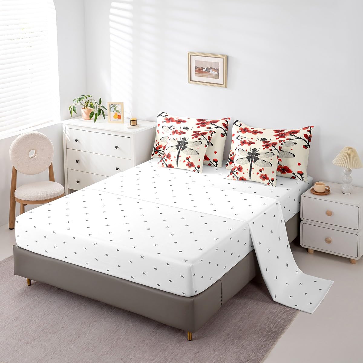 Erosebridal Japanese Cherry Blossom Comforter Set Queen,Red Black Dragonfly Bedding Set 7Pcs for Kids Teens Adults,Watercolor Red Floral Bed in a Bag