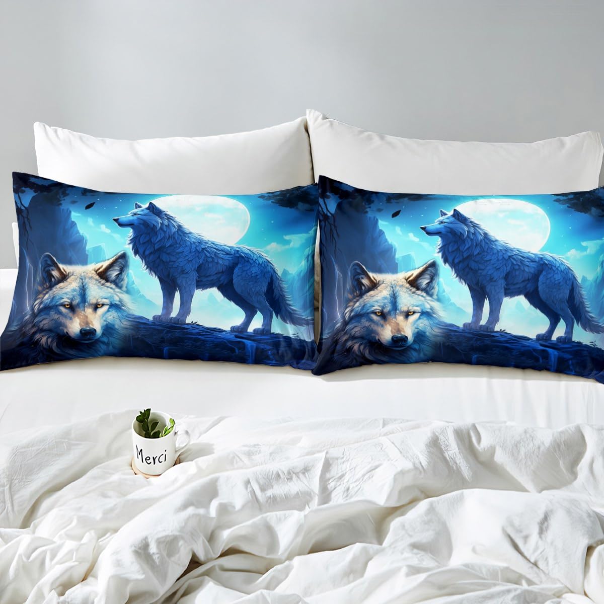 Wild Wolf Fitted Sheet Queen Size,Moon Night Scenery Bedding Set 3Pcs for Kids Teens Boys Adult Bedroom Decor,Nature Animals Bed Sheet Mountain and Tree Silhouette Deep Pocket Sheet,2 Pillowcases