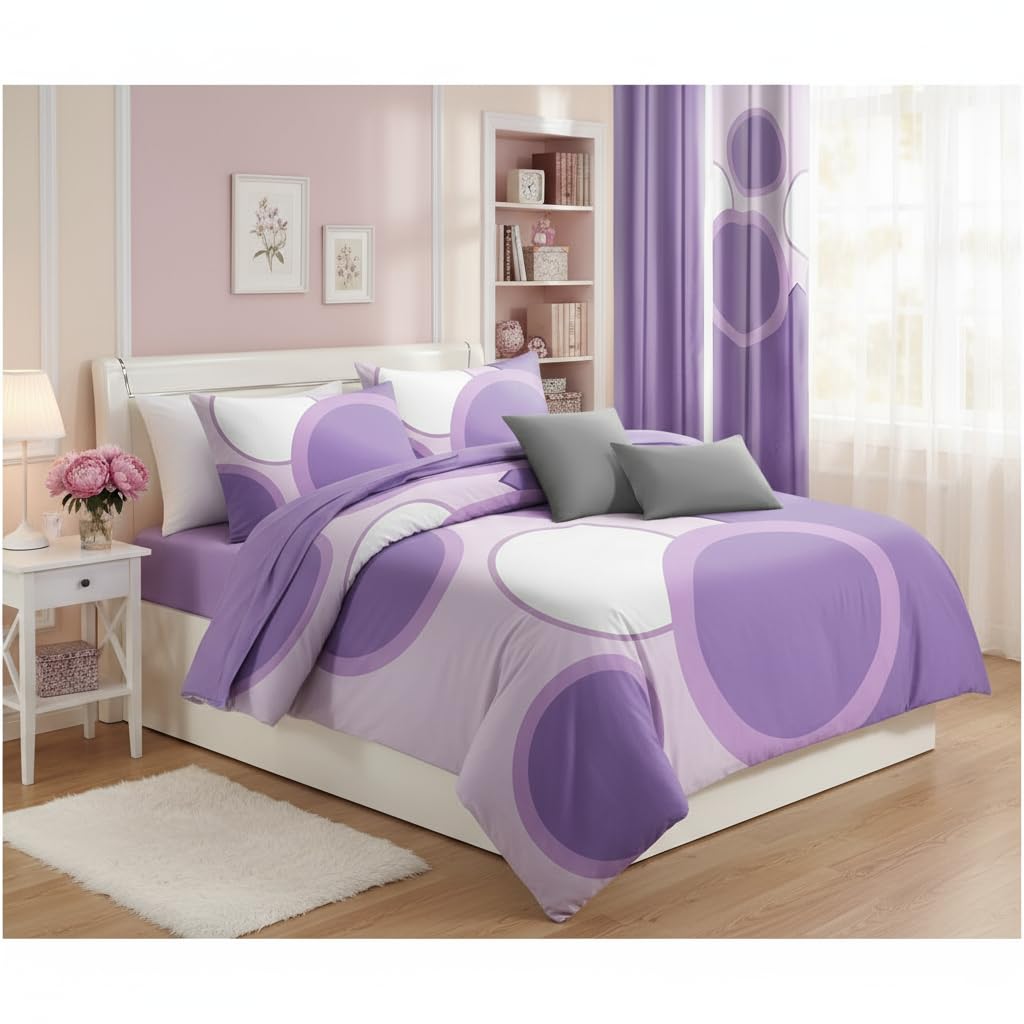 Chic Purple Dots King Light Comforter Set, Luxury 9-Piece Bed in a Bag King Bedspread with Matching Curtains Ultra Soft & Breathable Polka Dot Bedding, All-Season Decor for Master Suite Refresh