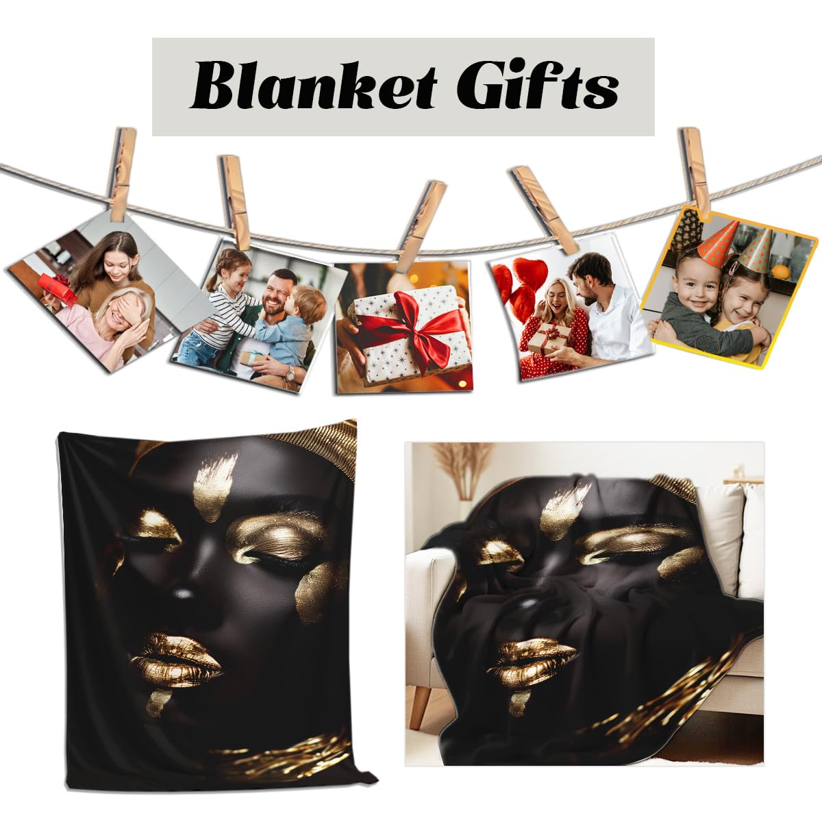 HUNXIAOJ African American Woman Blanket Throw Black Gold Print Flannel Blanket Gifts for Girls Female Women African American Couch Bed Living Room Home Decor 49"x59"