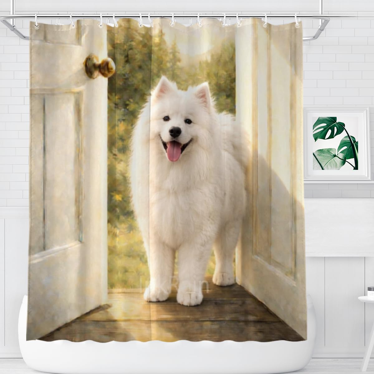 InkRain Samoyed Shower Curtain Rustic Doorway Forest Scenery Bathroom Decor Waterproof Polyester Fabric with 12 Hooks 72x72 Inch