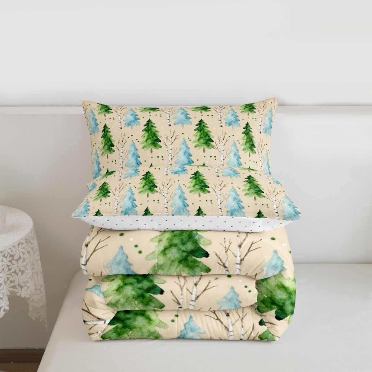 Erosebridal Pine Tree Comforter Set Spring Botanical Garden Full Size Bedding Sets for Young Boys | Christmas Trees Boho Plant Comforter Farmhouse Christmas Bed Set, Kawaii Room Decor Aesthetic