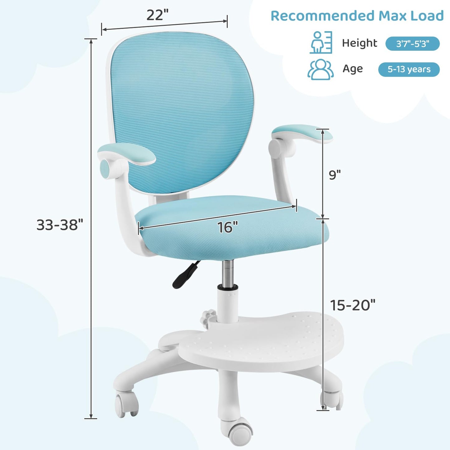HOMMOW Kids Desk Chair,Ergonomic Study Chairs with Adjustable Height,Breathable Mesh Removable,Non-Slip Footrests,Suitable for Children Aged 5-12 Years Old,Blue