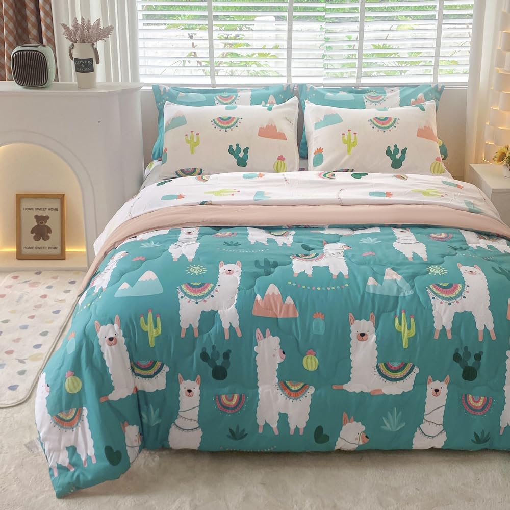 Wajade Kids Cute Llama Comforter Set Bed in A Bag Full Size 7 Piece Green Alpaca Tropical Plant Bedding Set for Girls Boys (1 Comforter, 1 Flat Sheet, 1 Fitted Sheet, 2 Pillowcase and 2 Pillow Sham)