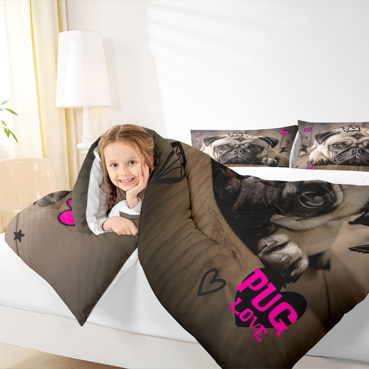 Manfei 3D Pug Comforter Set Twin Size Cute Pug Puppy Dog Bedding Set 2pcs for Kids Boys Girls Room Decor, Animal Theme Quilt Set Pink Hearts Lightning Star Print Duvet Set with 1 Pillowcase