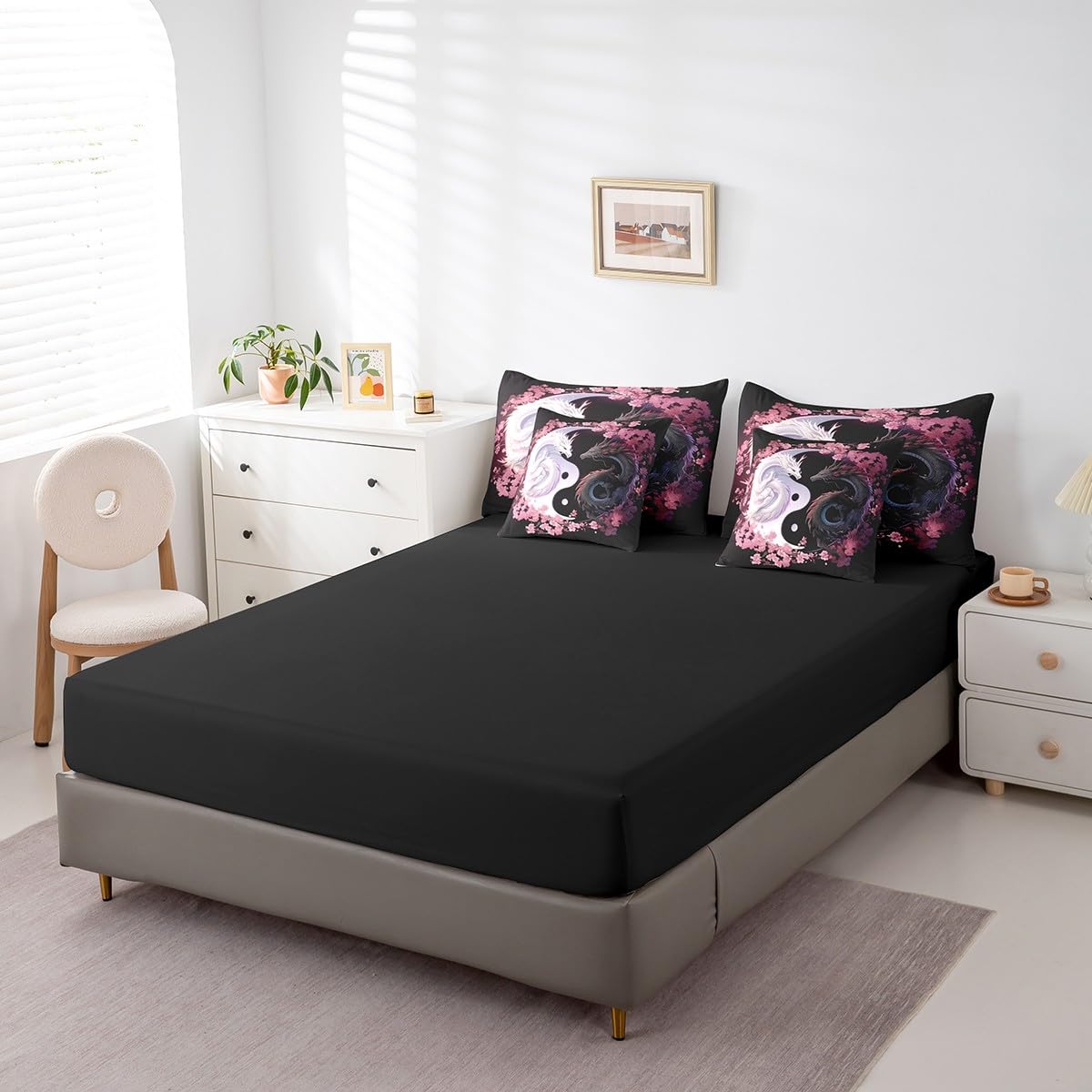 Feelyou Dragon Bedding Set Queen Size Yin Yang Comforter Set 7 Pieces Cherry Blossoms 3D Dragon Ancient Wildlife Couple Lover Bed in a Bag for Romantic Bed Set with Comforter, Sheet Set, Pillowcases