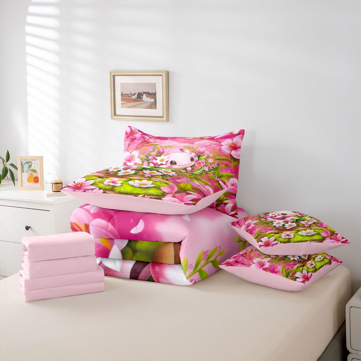 Erosebridal Romantic Axolotl Twin Size Bedding Set for Kids Girls Teens Pink Floral Axolotl 7 Pieces Comforter Set with Sheets Girly Cute Cartoon Animal Bed in a Bag Garden Botanical Flowers Bed Sets