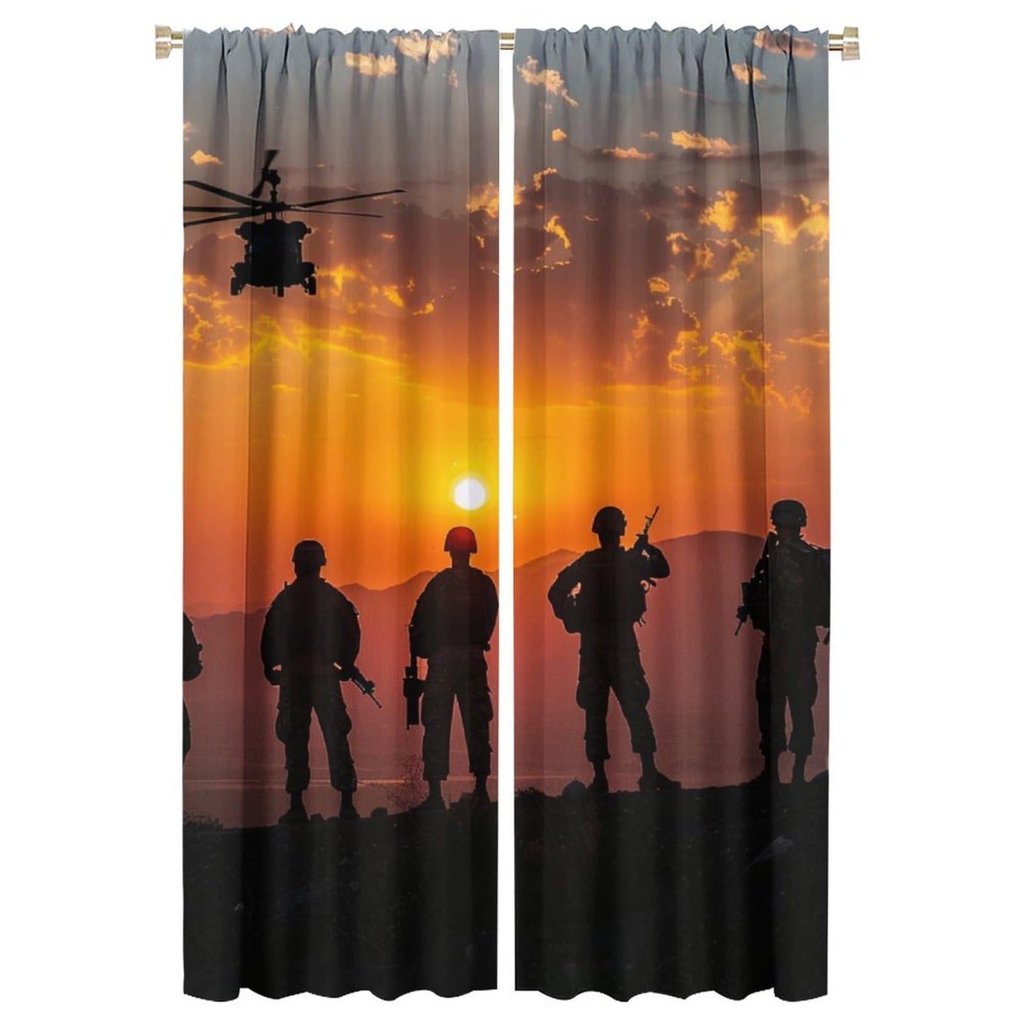 TOWINSFB Fine Military Silhouette Blackout Curtains for Living Room Bedroom, Americana Soldier Helicopter Window Curtains Rod Pocket Thermal Insulated Window Drapes, 2 Panels, Each 21" W x 63" L