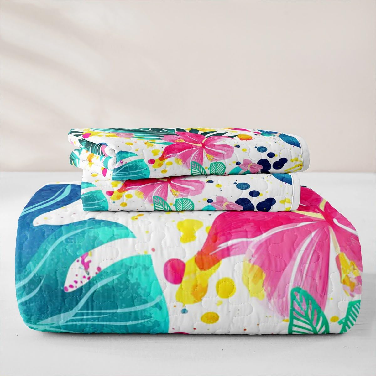 Erosebridal Palm Leaves Quilt Set Twin Summer Hawaiian Quilt Tropical Botanical Floral Bedding Coverlet Watercolor Graffiti Bedspread