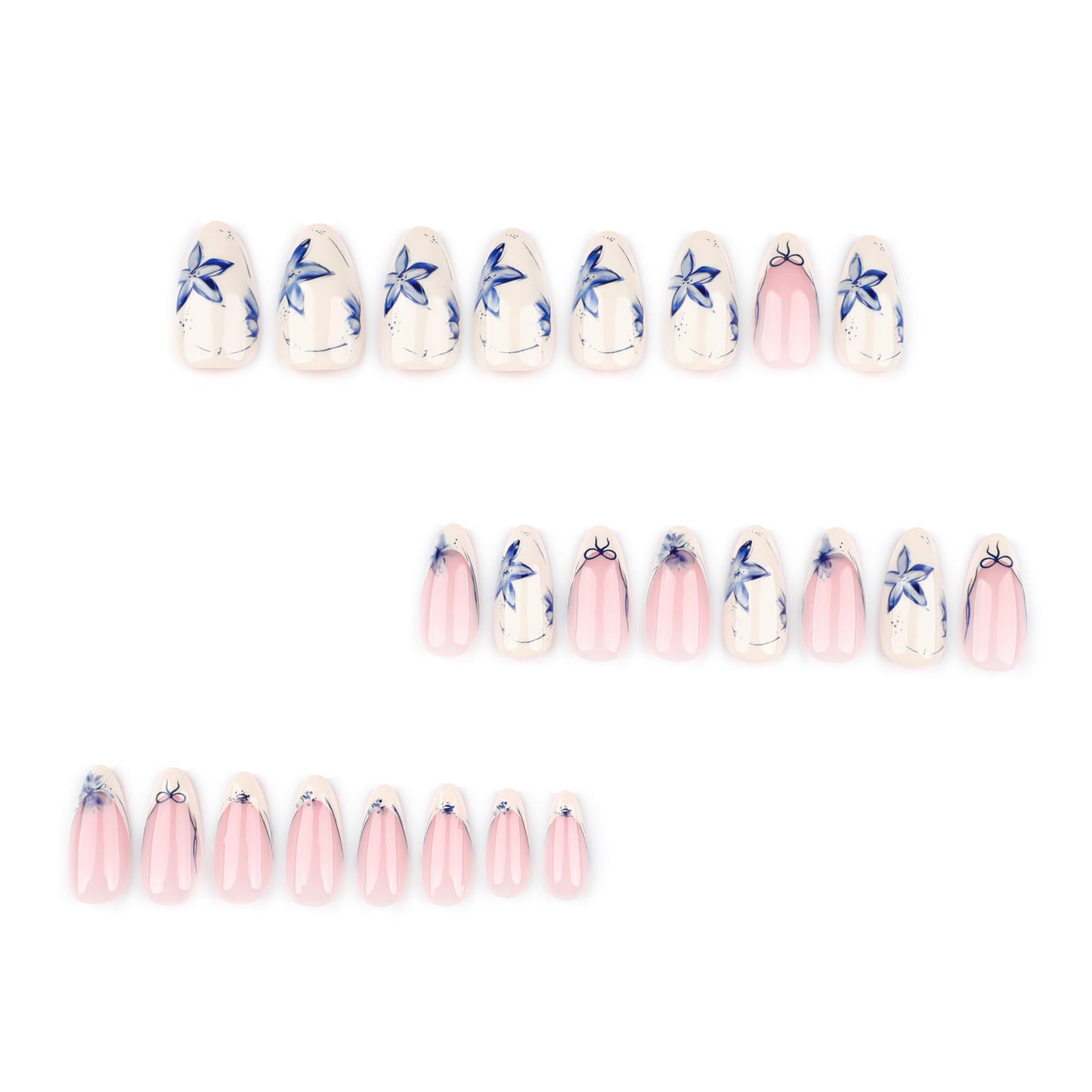 Stbisen Summer French Short Press On Nails Almond, Nude Fake Nails with Warm Ivory French Tip and Graceful Blue Floral Petal Design, Glossy Acrylic Nails, Natural Reusable Glue On Nails for Women