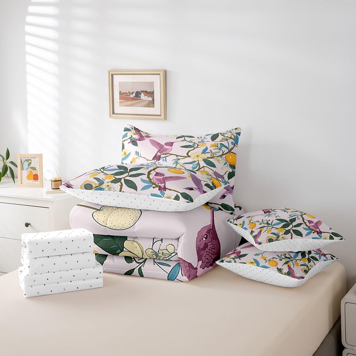 Pink Hummingbirds Bedding Set For Kids Teens,Lemon Tree Branches Comforter Set King Size,Oil Painting Fruit (Comforter+Fitted+Flat Sheet+2 Pillowcases+2 Throw Pillow Covers) 7 Pieces Bed Set
