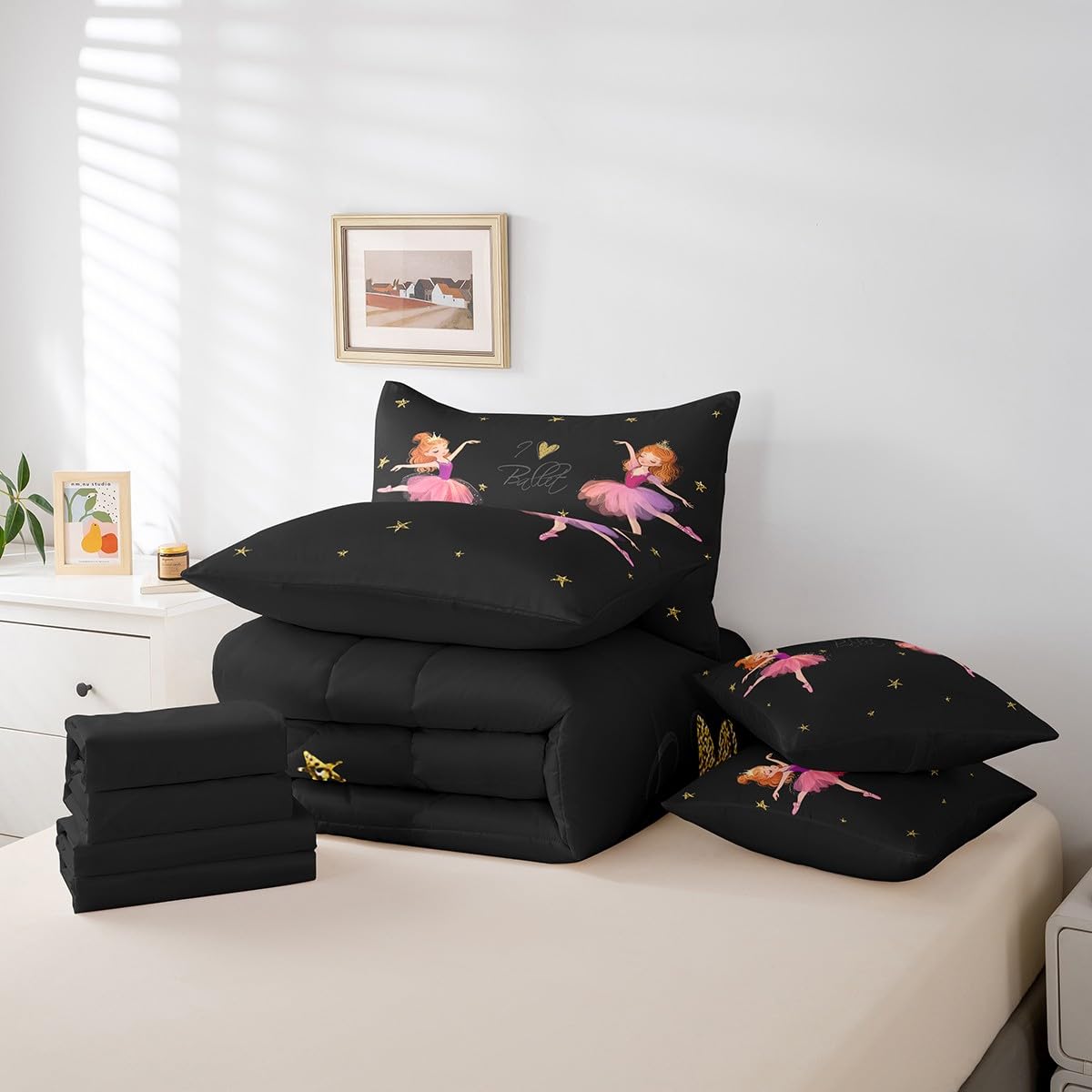 Erosebridal Ballet Comforter Set 7 Piece Bed in a Bag Twin,Cute Cartoon Ballet Dancer Bedding Sets Kawaii Ballerina Gifts Comforter and Sheet Set,Gold Stars Pink Ballet Dress Tutu Bed Set