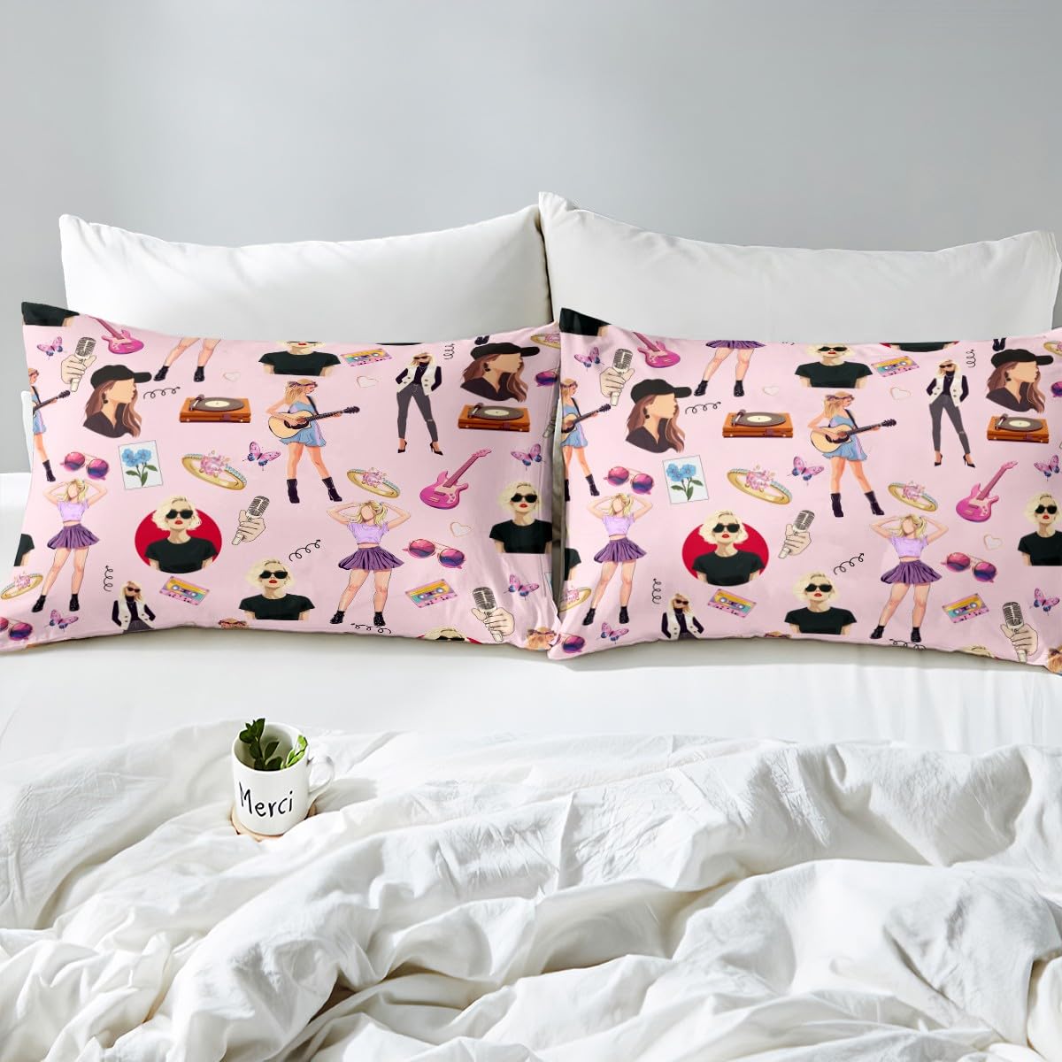 jejeloiu Music Bedding Set Full Size Girls Singer Bed Cover Gifts for Women Music Lovers Girly Guitar Bed Sheets Coworker Sister Friends Deep Pocket Fitted Sheet Pink Room Decor (No Top Sheet)