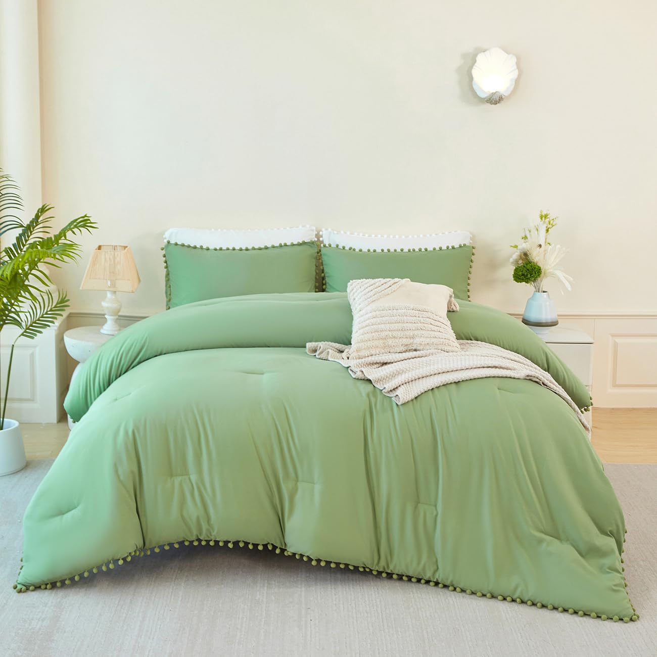 PERFEMET Green Bed in A Bag Twin Size 5 Pieces All Season Pom Pom Fringe Bedding Set for Girls Kids Soft Lightweight Boho Solid Comforter Set for Bedroom(Green, Twin)