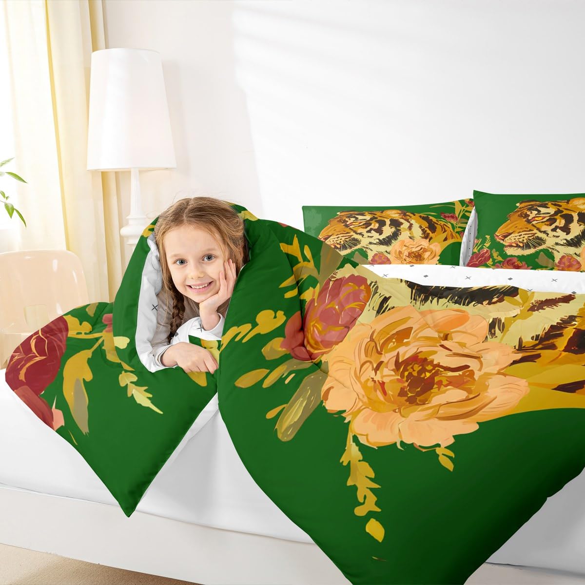 Erosebridal Tiger Comforter Set Twin Size Modern Flowers Bedding Set for Kids Girls BoysGreen Red Romantic Roses Comforter Wild Animals Plants Quilt Bedroom Decor