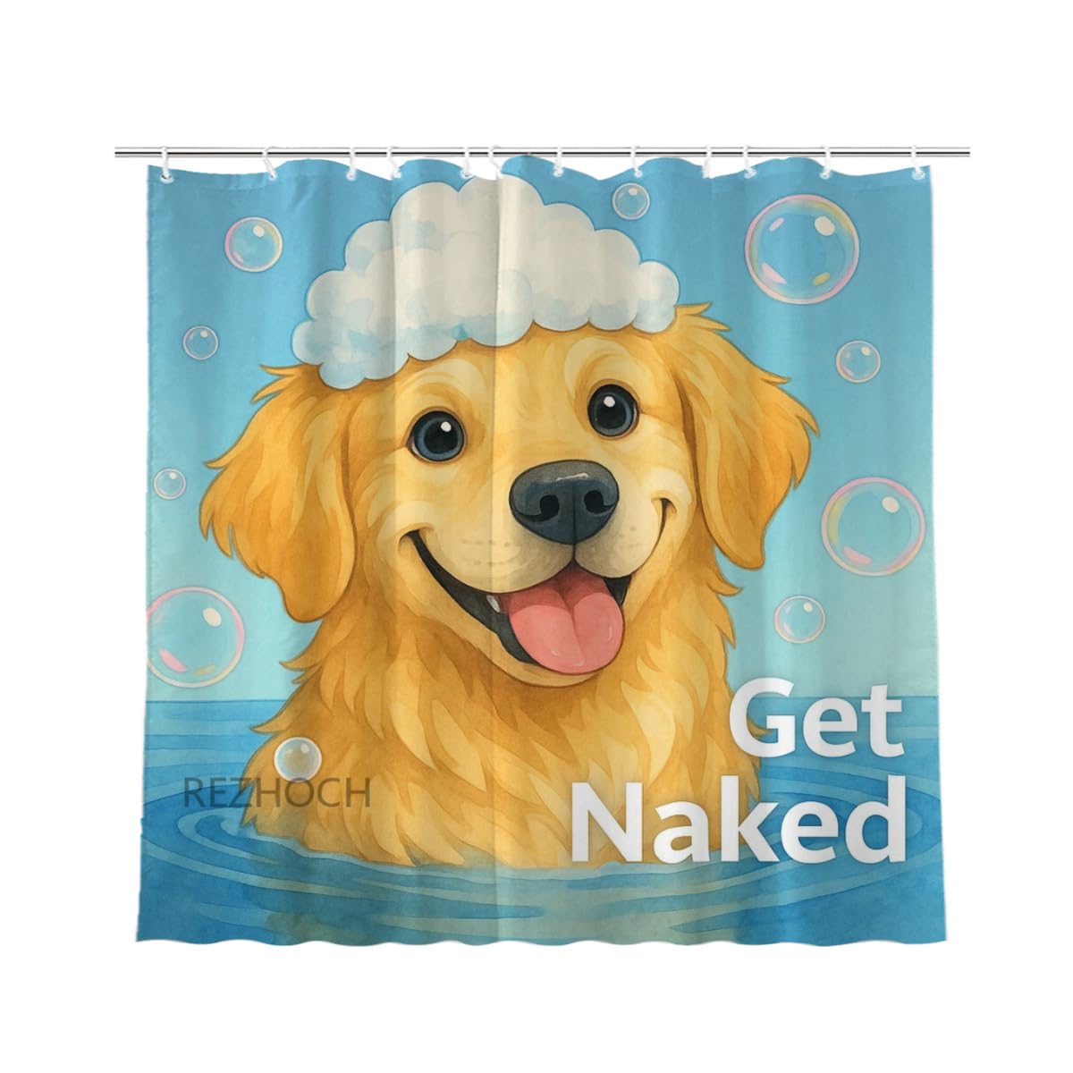 REZHOCH Funny Golden Retriever Shower Curtain Durable Waterproof Fabric Bathtub Sets Cute Animals Bath Time Bubbles Playful Get Naked Art Home Bathroom Decor 72x72inch with 12 Hooks