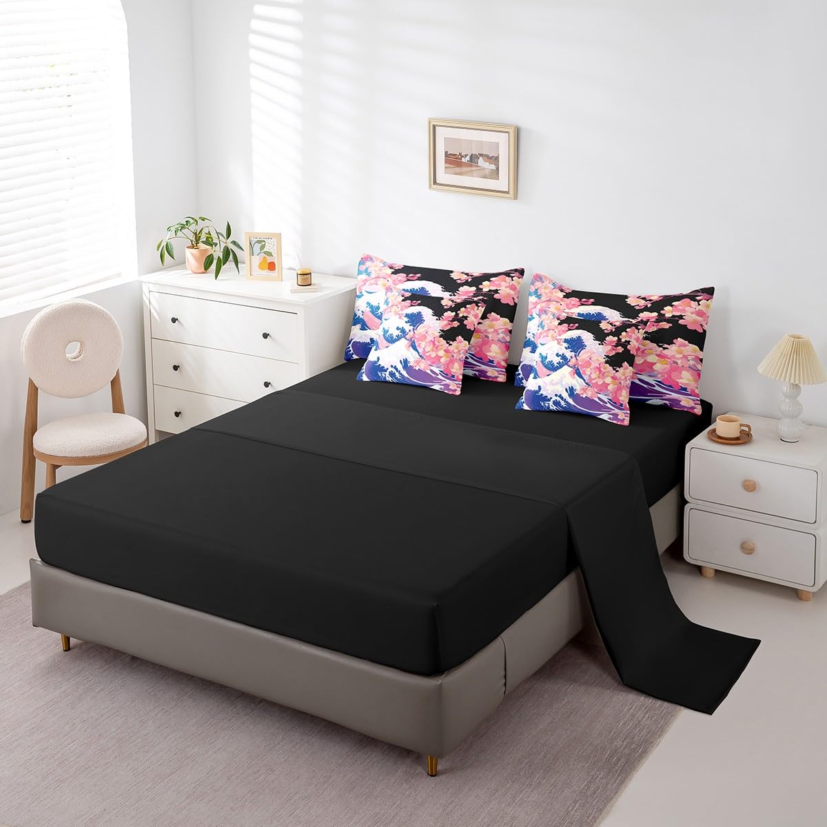 Erosebridal Japanese Ocean Waves Queen Bed Set 7 Piece,Pink Cherry Blossom Comforter Set with Sheets,Oriental Theme Aesthetic Floral Bedding Set with Fitted Sheet,Flat Sheet,Pillowcases