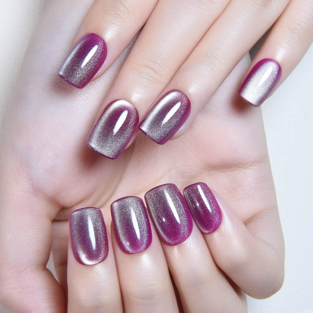 evpct Light Purple Cat Eye Extra Short Press on Nails Square, Petite Short Square Stick on Nails for Women Gift, Magenta Purple Holographic Glitter Glossy Reusable Gel Press on Acrylic Fake Nail