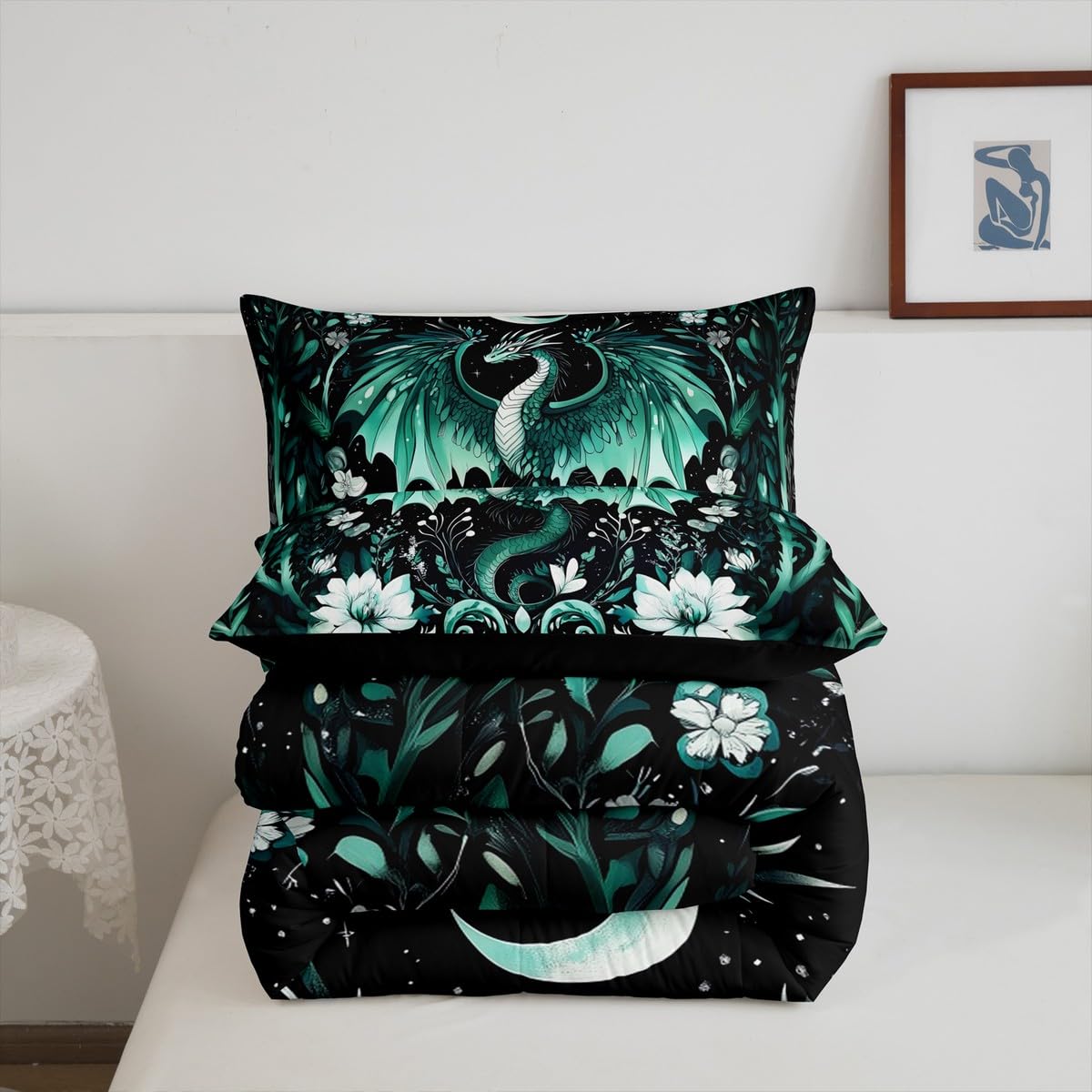 Feelyou Kids Dragon Comforter Set Full Size, Green Dragon Bedding Set Dragon Lovers Comforter for Kids Boys Girls Boho Duvet Insert Room Decor 3Pcs