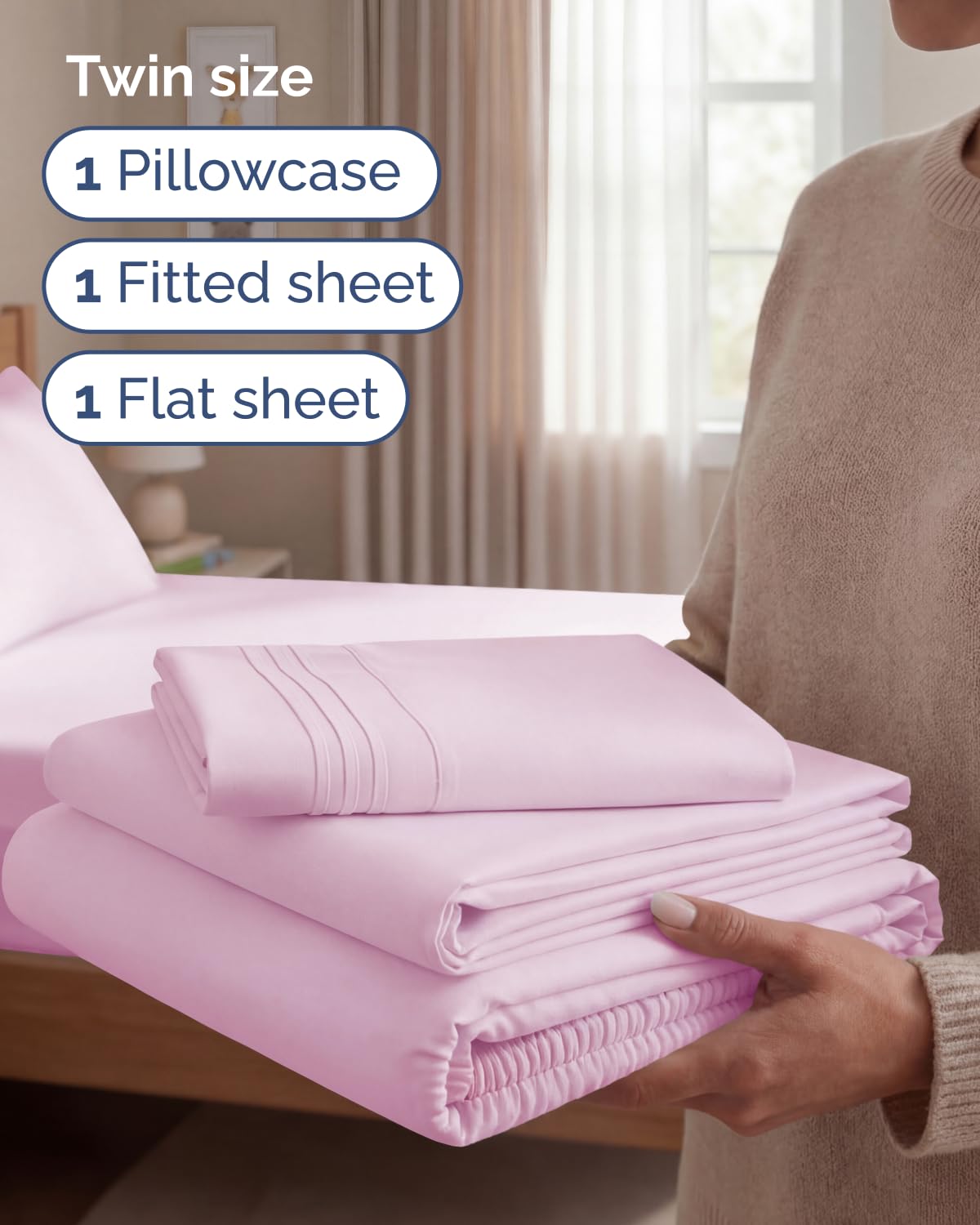 Twin Size 3 Piece Sheet Set - Comfy Breathable & Cooling Sheets - Hotel Luxury Bed Sheets for Women and Men - Deep Pockets, Easy-Fit, Soft and Wrinkle Free Sheets - Light Pink Oeko-Tex Bed Sheet Set