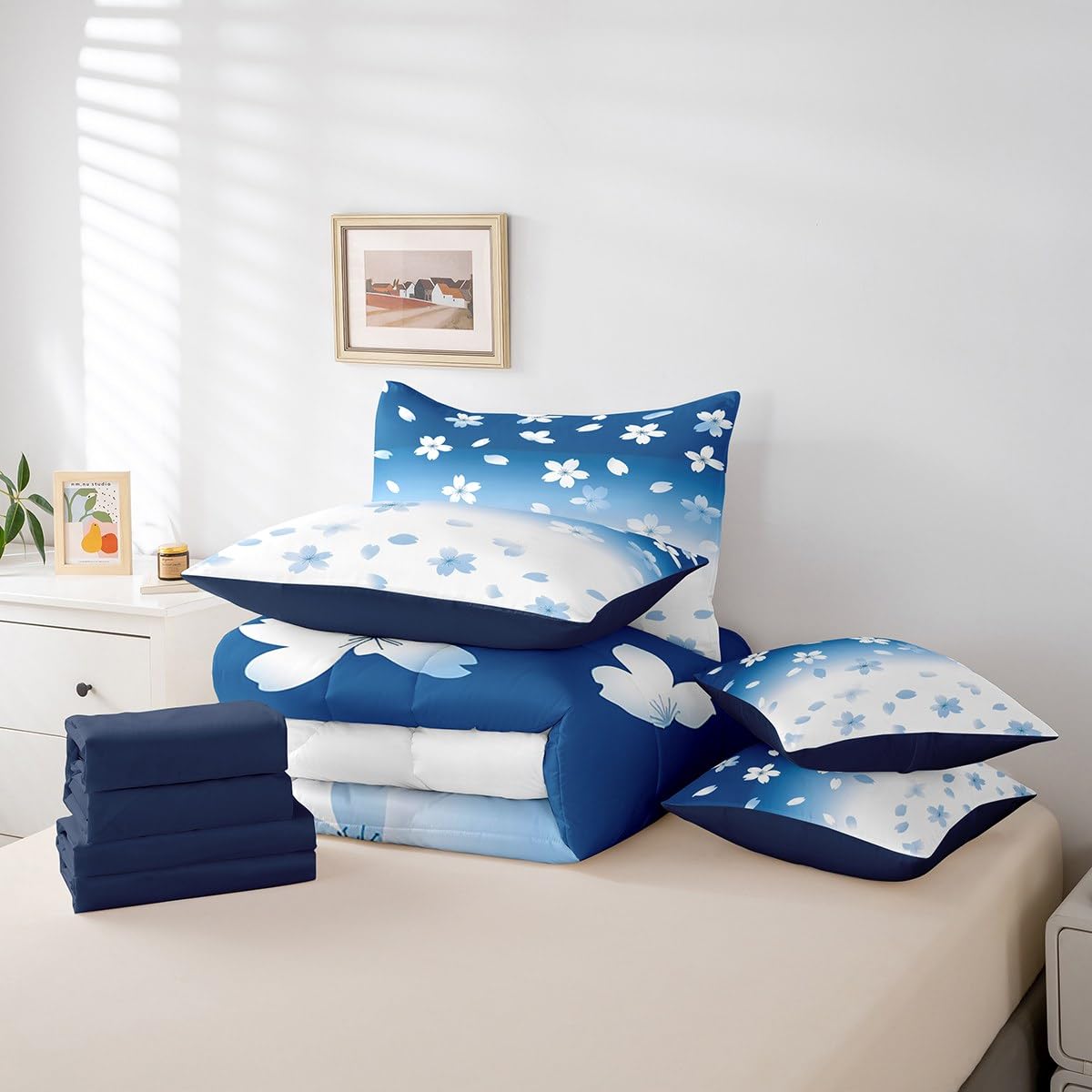 Erosebridal Blue Cherry Blossom Twin Comforter Set 7 Piece Dreamy Sakura Spring Plants Bedding Set Blue White Ombre Bed in A Bag for Kids Boys Girls,Japansese Style Botanical Theme Floral Bed Set