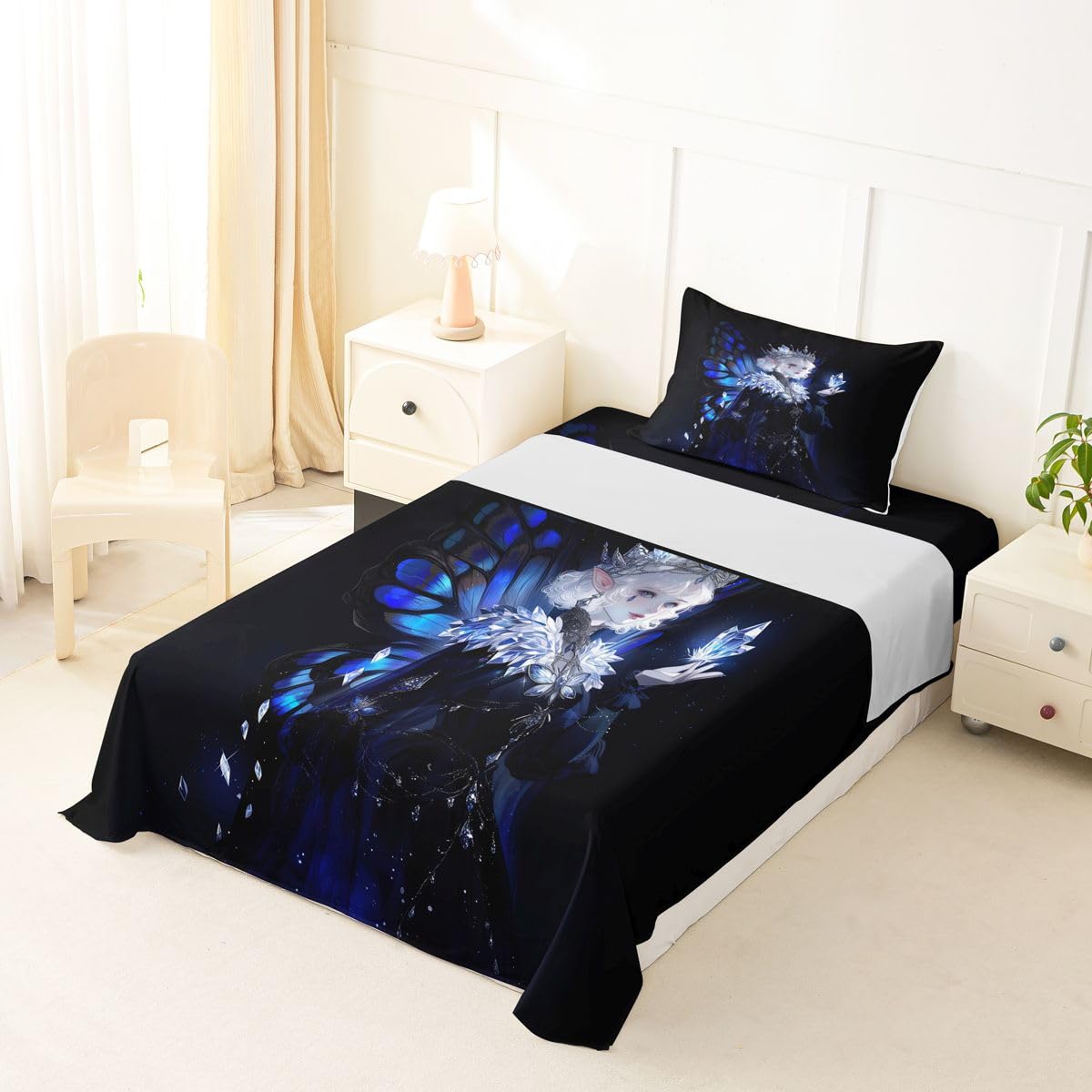 Erosebridal Gothic Girls Bed Sheets Set A Girl Wearing A Crown Sheets Twin,Butterfly Diamond Feather Print Sheet Set for Boys Girls Coquette Princess Bedding Sets Bedroom Decor 3 Pieces