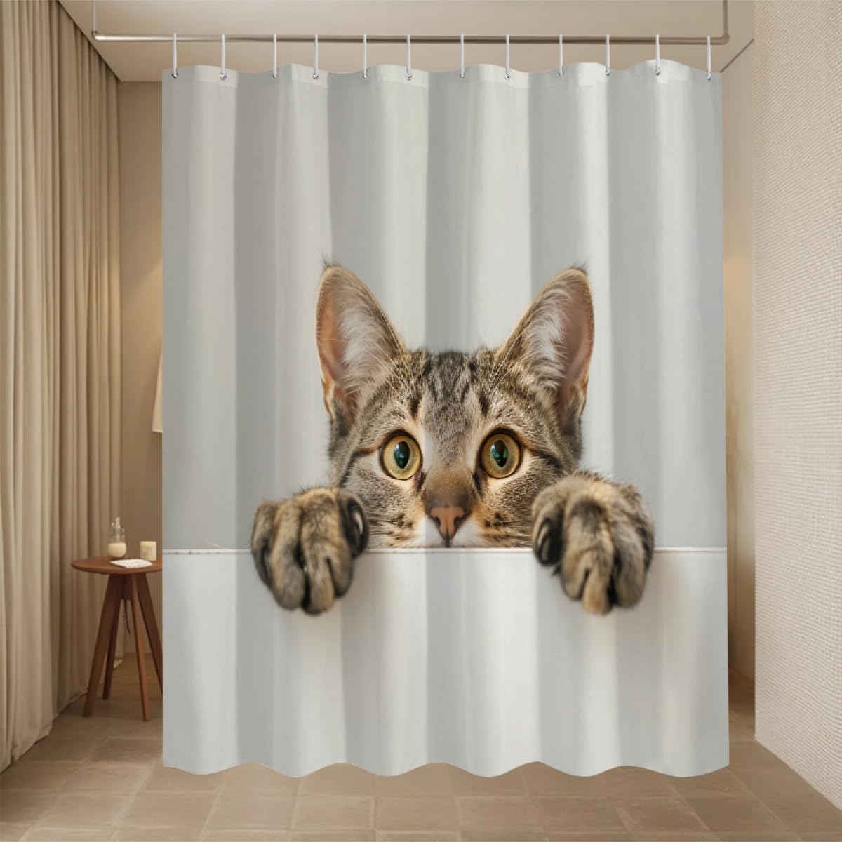 Ivolege Shower Curtain with Hooks, Tabby Cat Shower Curtain