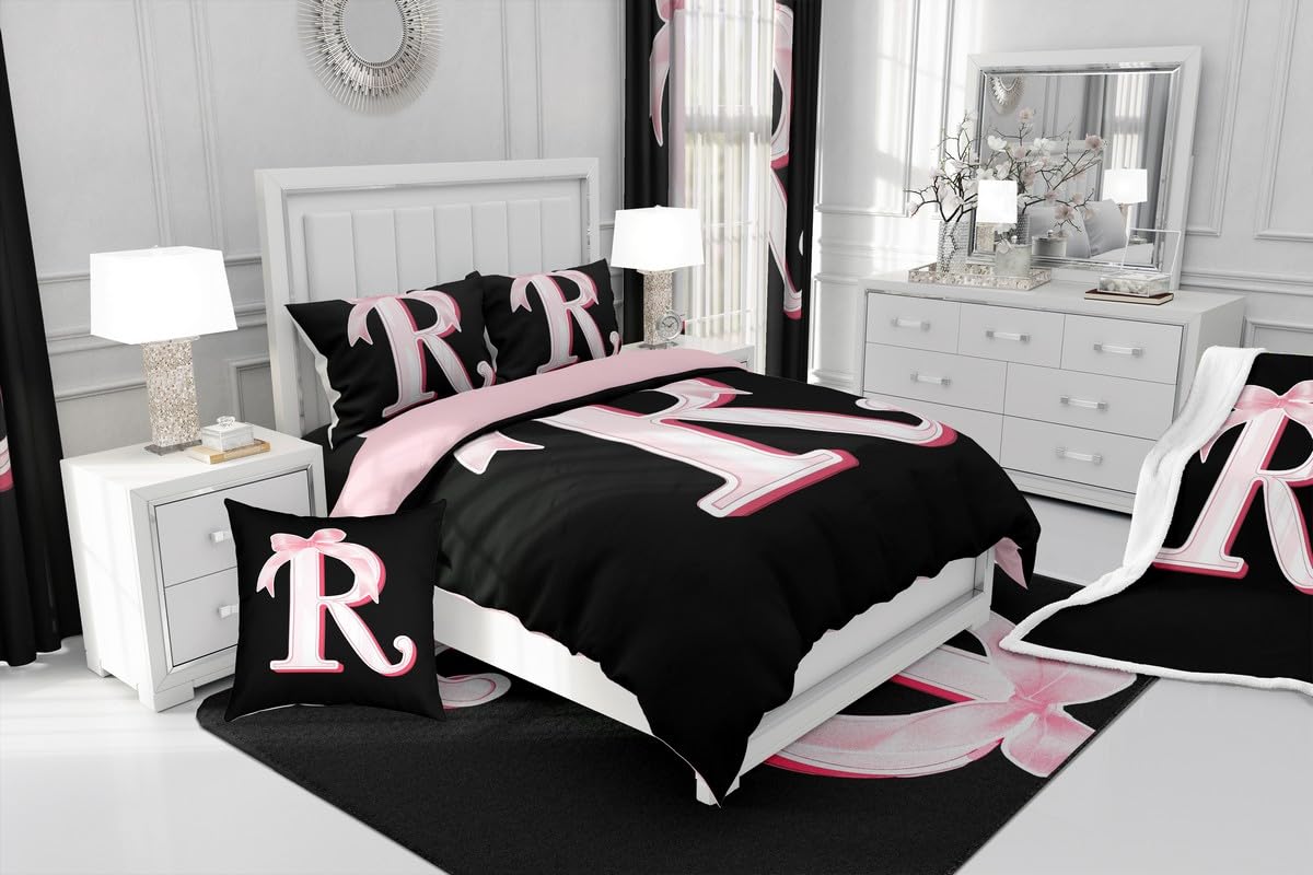 jejeloiu Kawaii Pink Bow Twin Comforter Set with Sheets,Gifts for Women Teen Girl,Personalized Initial Letter R 7 Piece Bedding Set,Soft Monogrammed Bed in a Bag with Comforter,Sheets,Pillowcases