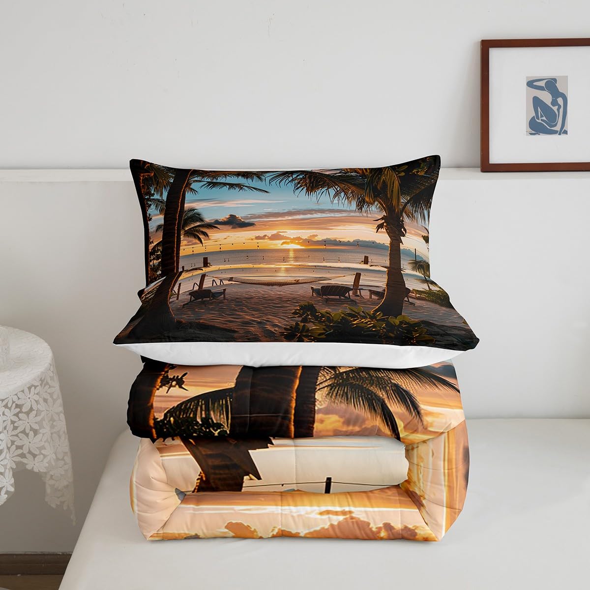 Castle Fairy Seaside Sunset Comforter Queen,Tropical Palm Tree Hawaii Ocean Theme Quilt Comforter with 2 Pillowcases,Sunny Beach Coastal Nature Theme Bedding Set Comfortable,Soft and Breathable
