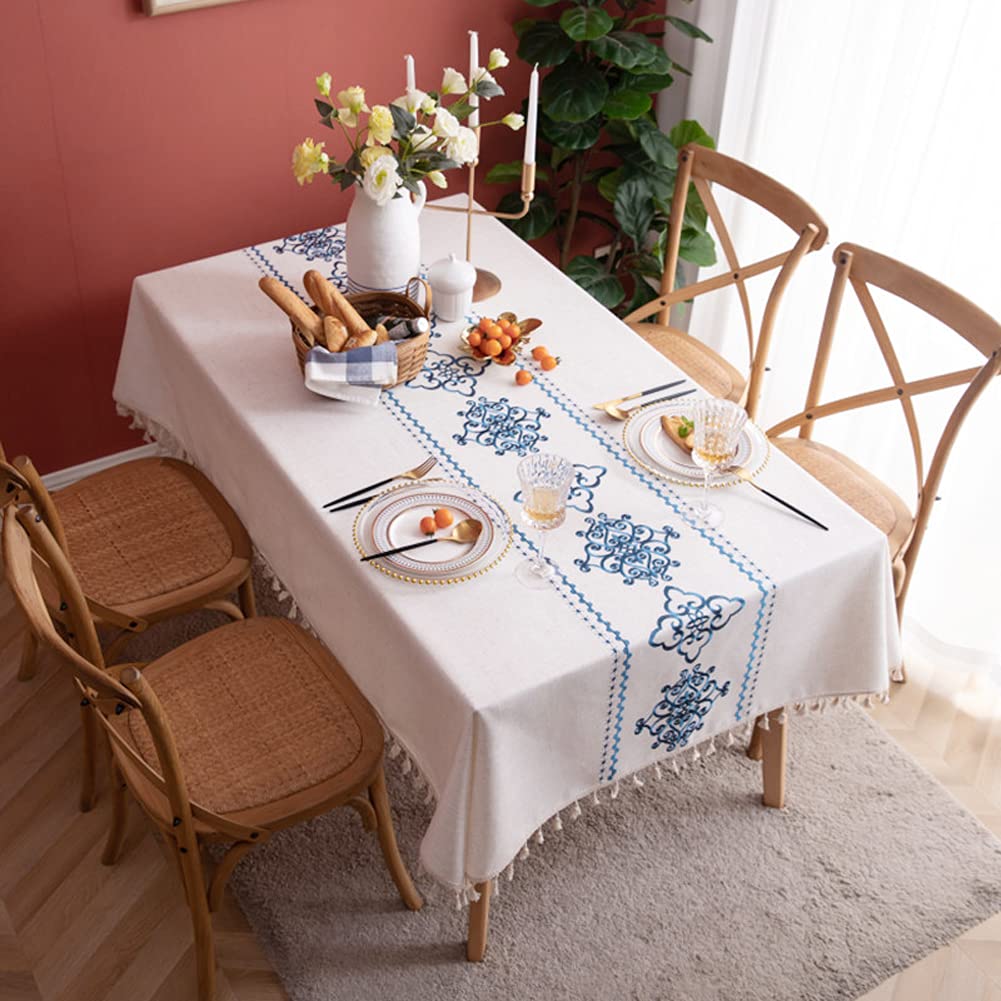 AMZALI Table Cloth Embroidery Damask Pattern Wrinkle Free Heavy Weight Cotton Linen Farmhouse Tablecloth Decorative Fabric Tassel Table Cover for Outdoor and Indoor Use (Rectangle,55 x 102 Inch)