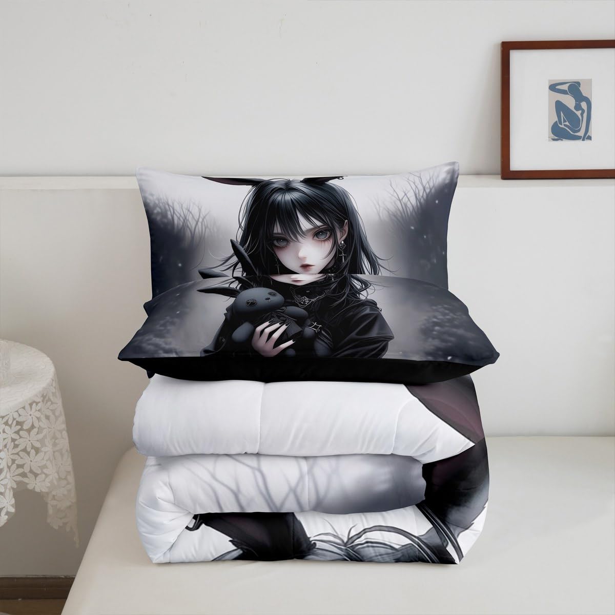 Erosebridal Anime Girl Bedding Set Full,Anime Gifts Comforter Set for Girls Women,Gothic 3D Japanese Girl Down Comforter,Black Gothic Bed Set Exotic Rabbit Printed Duvet Insert with 2 Pillowcases