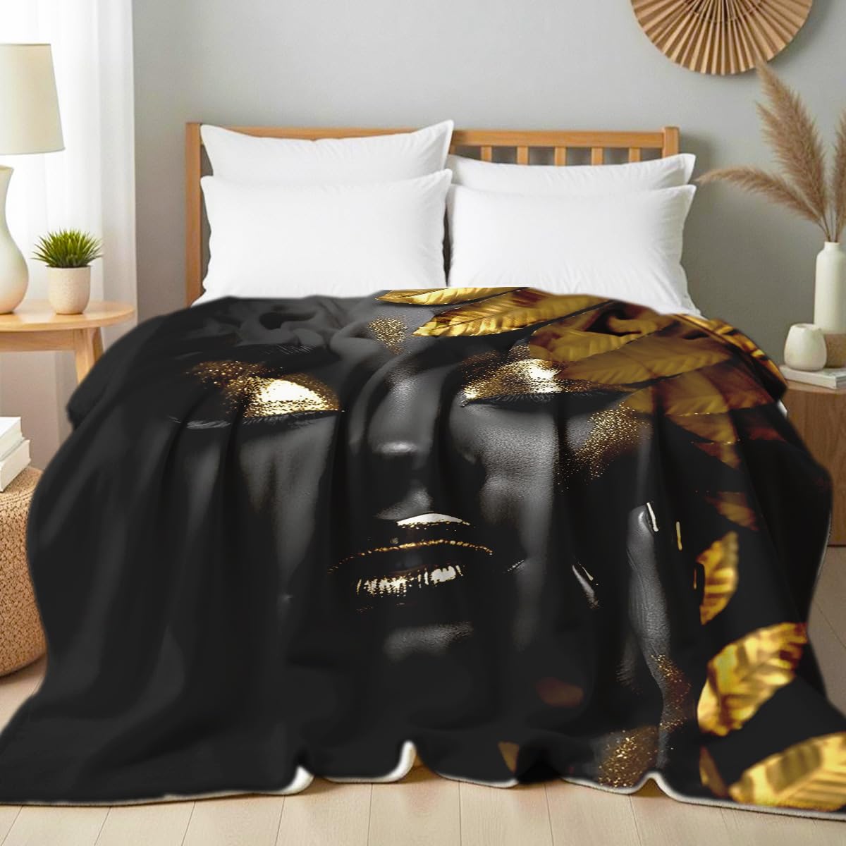 HUNXIAOJ African American Woman Blanket Throw Black Gold Print Flannel Blanket Gifts for Girls Female Women African American Couch Bed Living Room Home Decor 49"x59"
