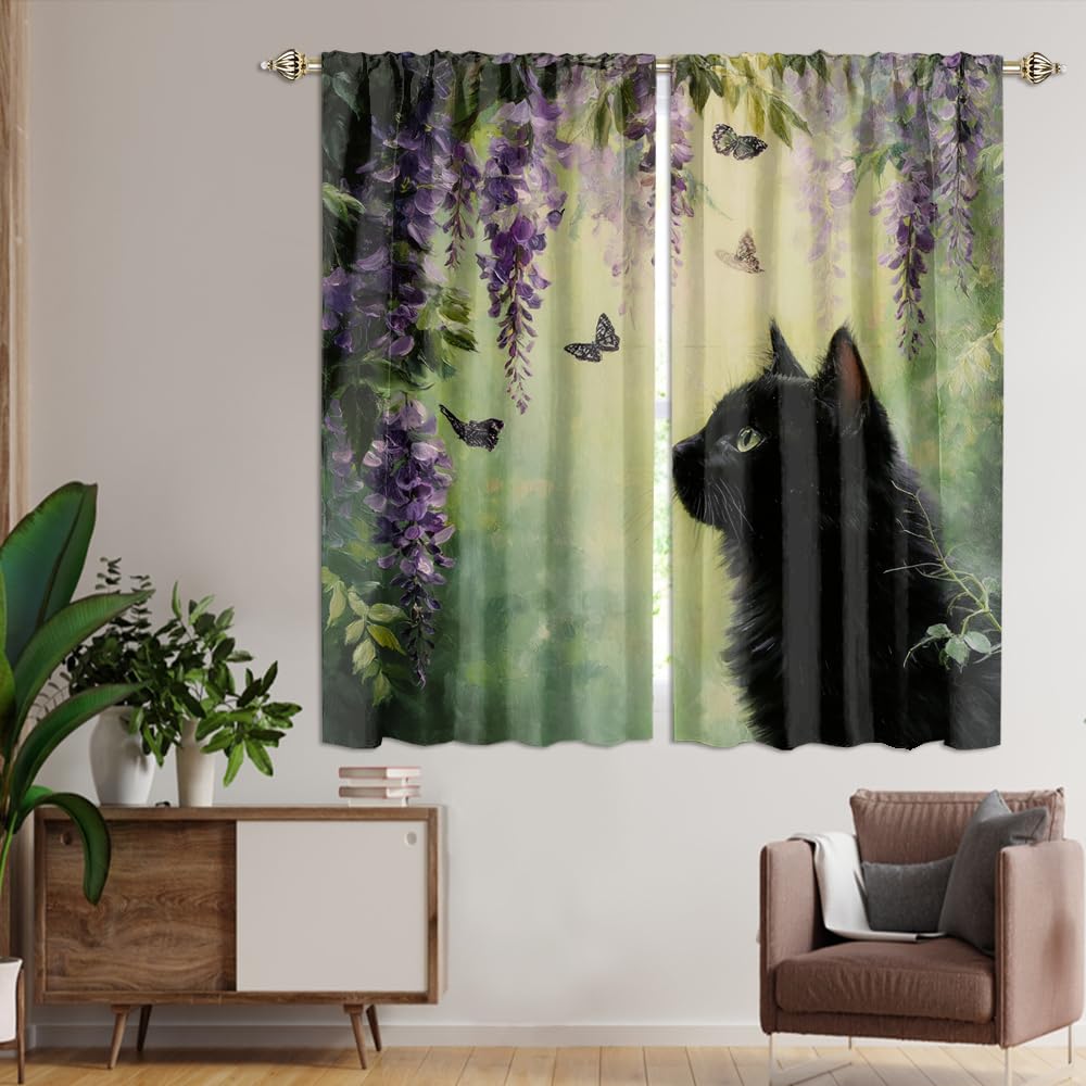 XSUPFLYM Cute Beautiful Spring Cat Window Thermal Curtain for Living Room Colorful Rustic Animals Black Cat Butterflies Plant Lilac Flowers Patt Blackout Curtains for Bedroom 2 Panels Each 21"W x 45"L