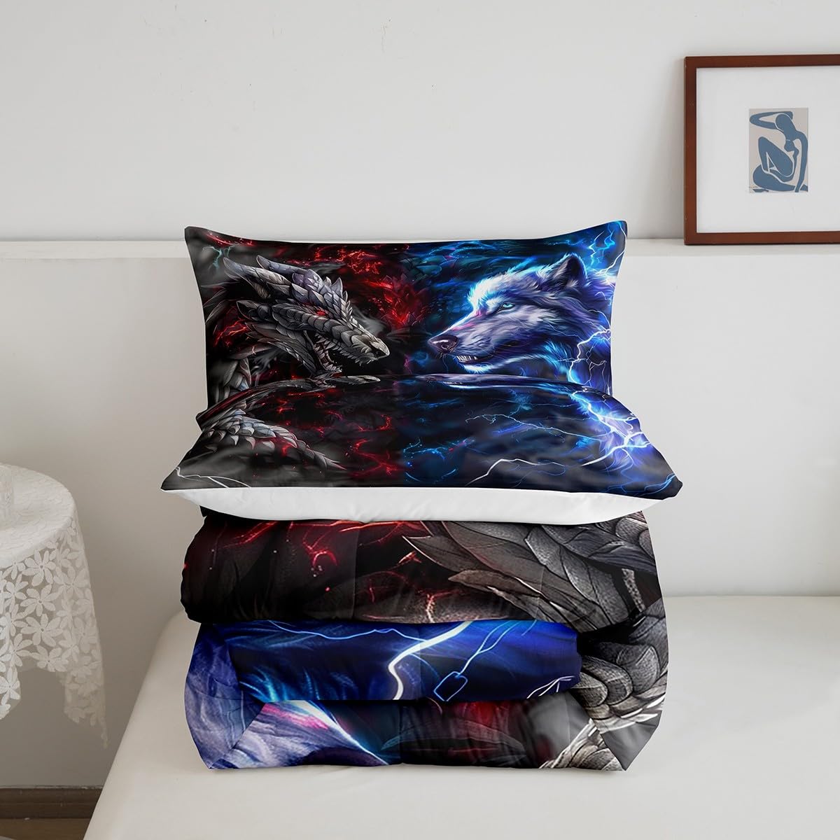 Manfei 3D Dragon Kids Comforter Set Twin Size,Western Dragon Wild Wolf Jungle Animal Hunting Bedding Set,Boys Men Room Decor,Red Blue Lightning Down Comforter,Blue Grey Duvet Insert,1 Pillowcase