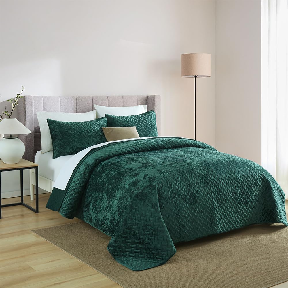 Liians Velvet Bedspread Quilt Bedding Sets,Luxury Elegant Ultra Soft Velvet Comforters Coverlet Blankets,Weave Stitching Pattern Cotton Quilted Bedspread for All Seasons,Turquoise,King Size