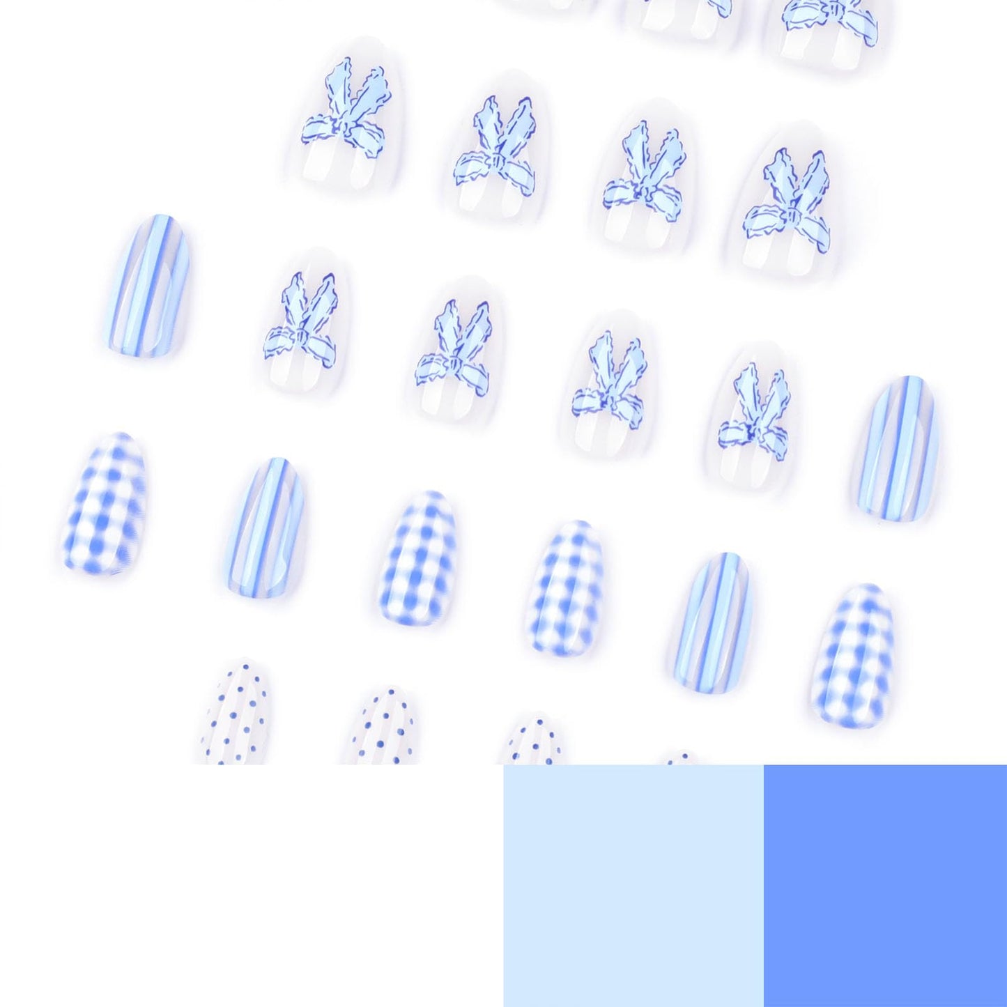 Almond Short Press on Nails Blue White Fake Nails with Polka Dot Checkered Bow Design Glossy Glue on Nail Full Cover Reusable False Nail for Women 24 Pcs