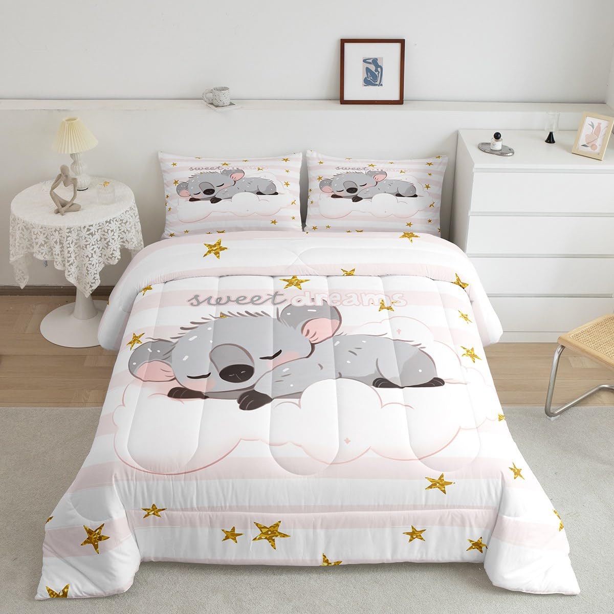 Manfei Cute Koala Comforter Set Twin Size, Cartoon Animal Quilt Set with 1 Pillowcase, Pink White Stripe Print Bedding Set 2pcs for Kids Girls Bedroom Decor, Gold Star Print Duvet Set