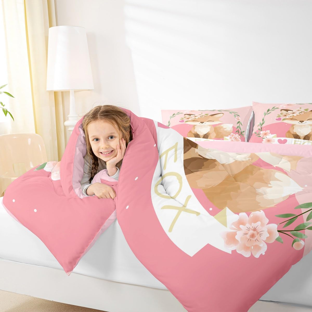 Feelyou Girls Cartoon Fox Comforter Set Cute Fox Bedding Set for Kids Boys Girls Kawaii Animal Duvet Set Botanical Floral Comforter 1 Comforter Set with 1 Pillowcase Twin Size