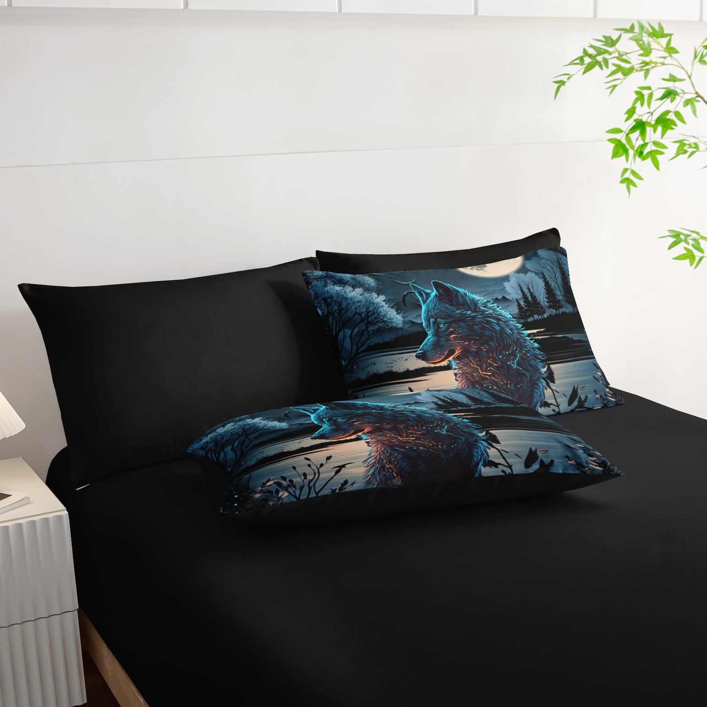 AILONEN Wolf Comforter Set Twin Size,7Pcs Soft Kids Boys Bed in a Bag,Moon Black Wolf Bedding Print Comforter & Fitted Sheet & Flat Sheet & 2 Pillowcases,2 Pillow Shams for Room Decor