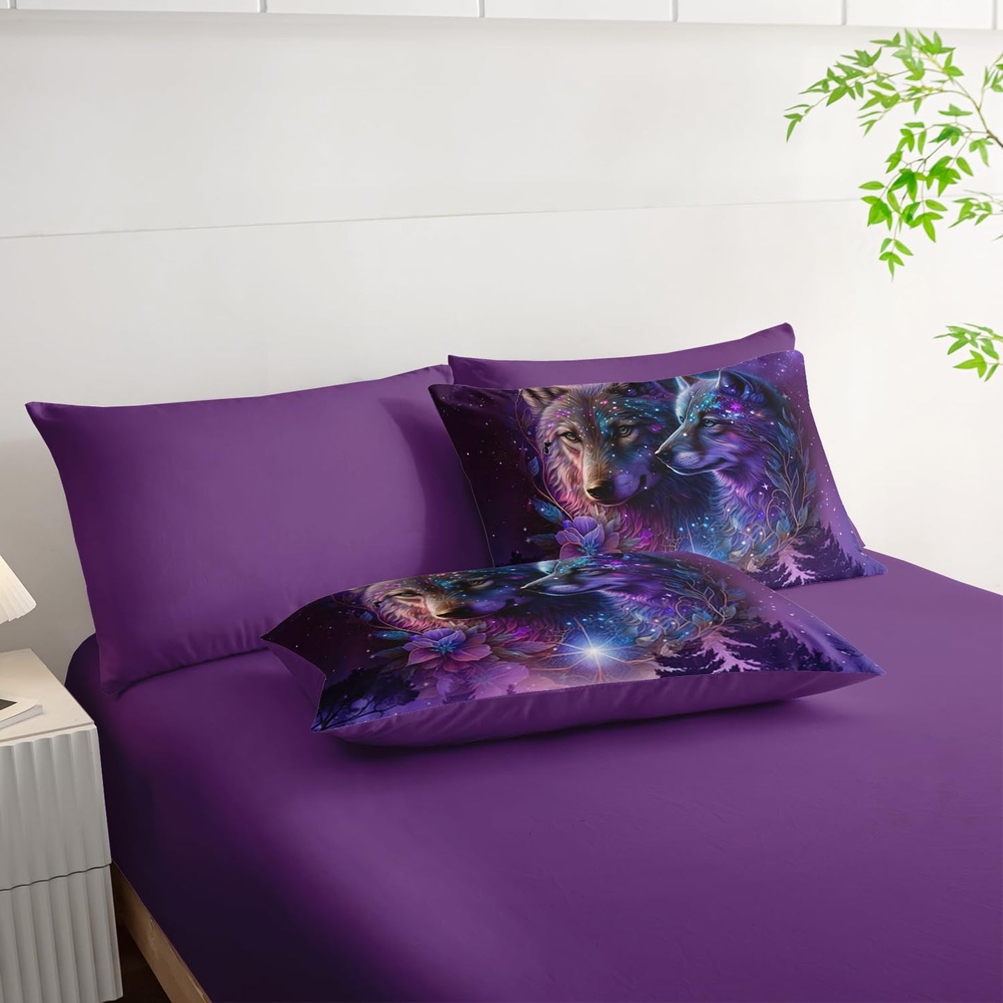 Tuzaovy Wolf Comforter Set 7 Piece Twin Size Bed in A Bag,Animal Bedding for Room Decor,Soft Purple Wolf Comforter Rose Bedding with Fitted Sheet,Flat Sheet, Pillowcases & Shams