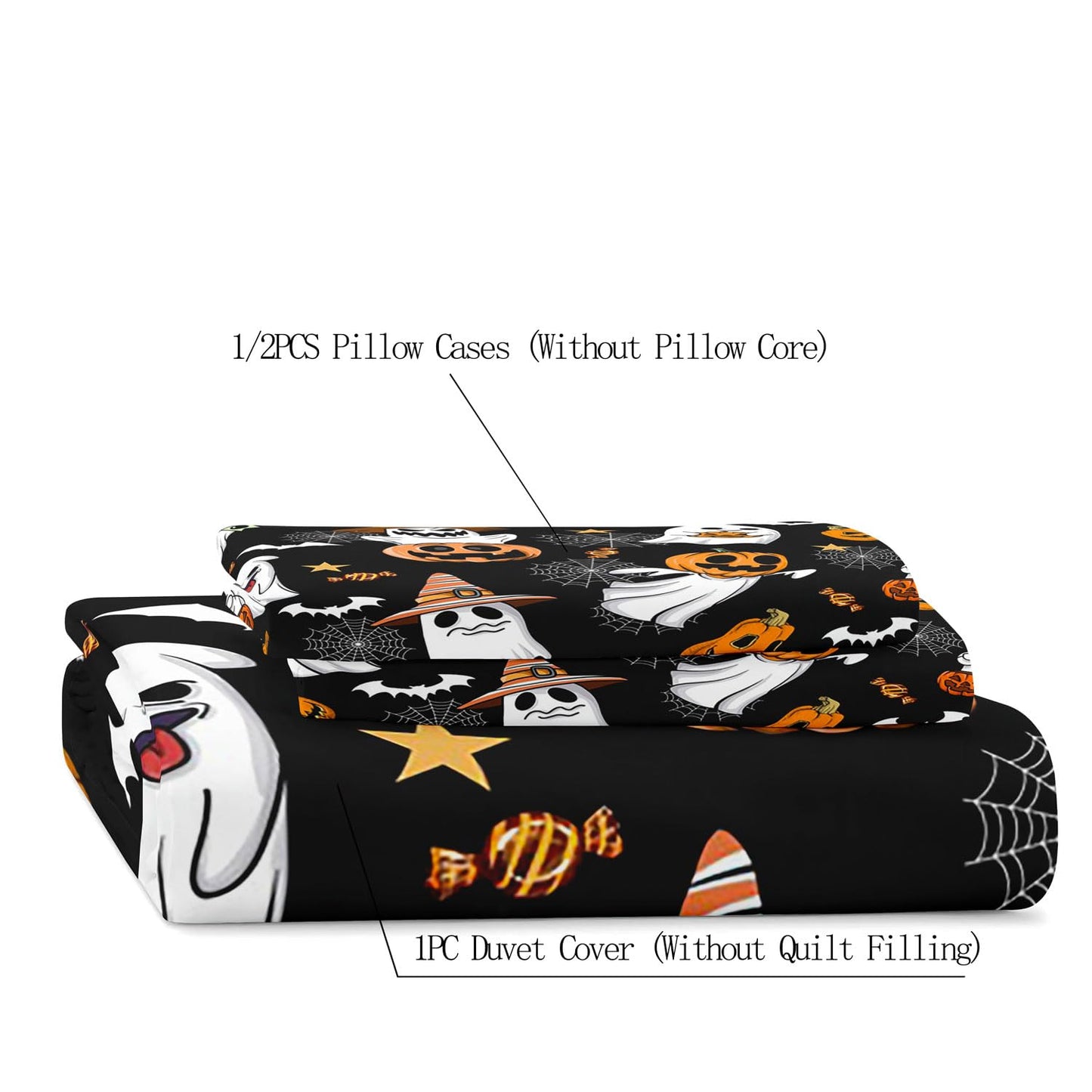 LUVIVIHOME 3PCS Funny Ghost Duvet Cover Queen Bedding Sets, Black Duvet Cover, Teens Boys Girls Kids Bedding, Spooky Witchy Horror Pumpkin Bat Cobweb Festival Halloween Comforter Cover, 2 Pillow Cases