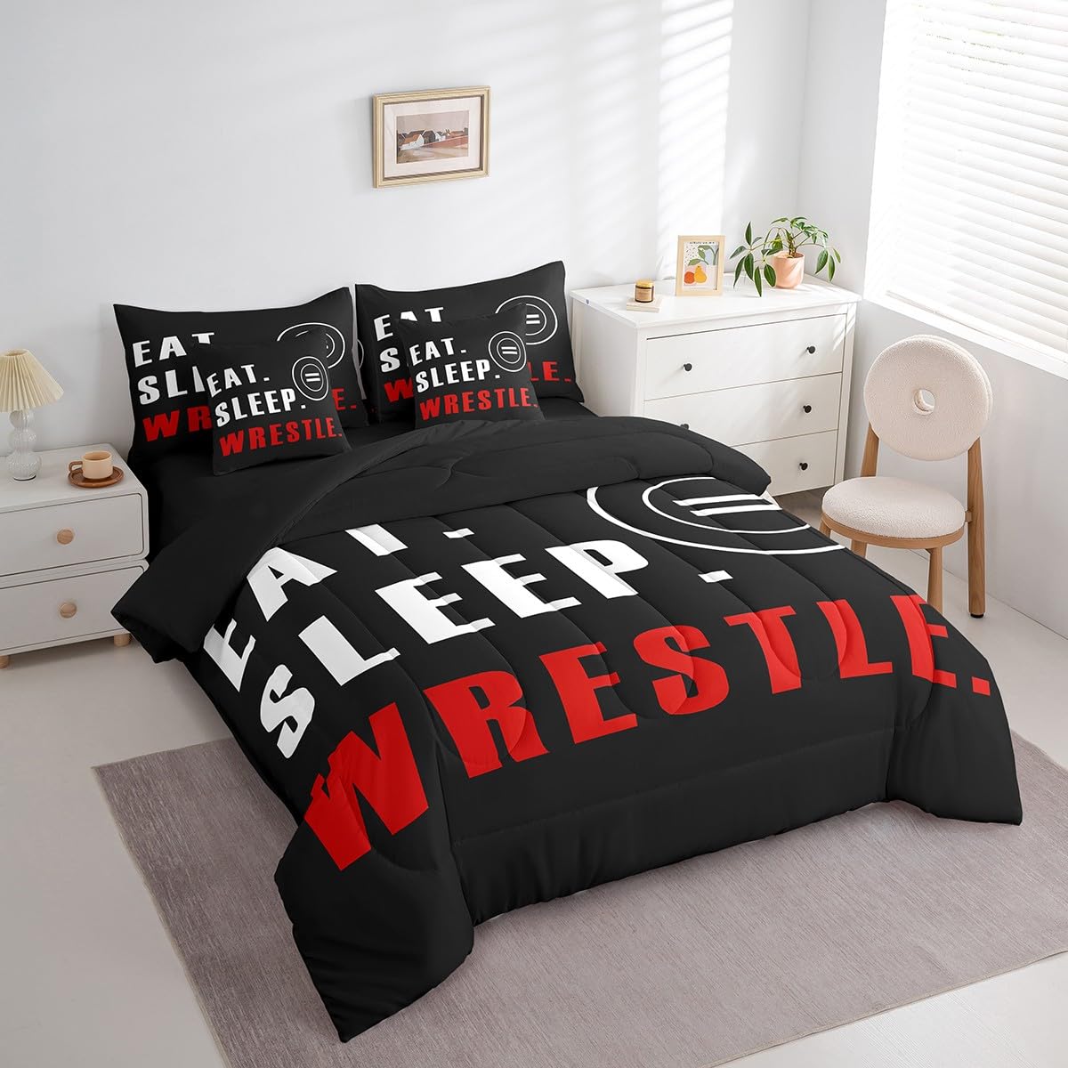 Feelyou Wrestle Comforter Set 7 Piece Twin Size Sports Theme Bedding Set for Kids Boys Girls Teens Room Wrestling Decor Bed in A Bag Soft Boys Bed Set with Sheets, Pillowcases, Pillow Covers